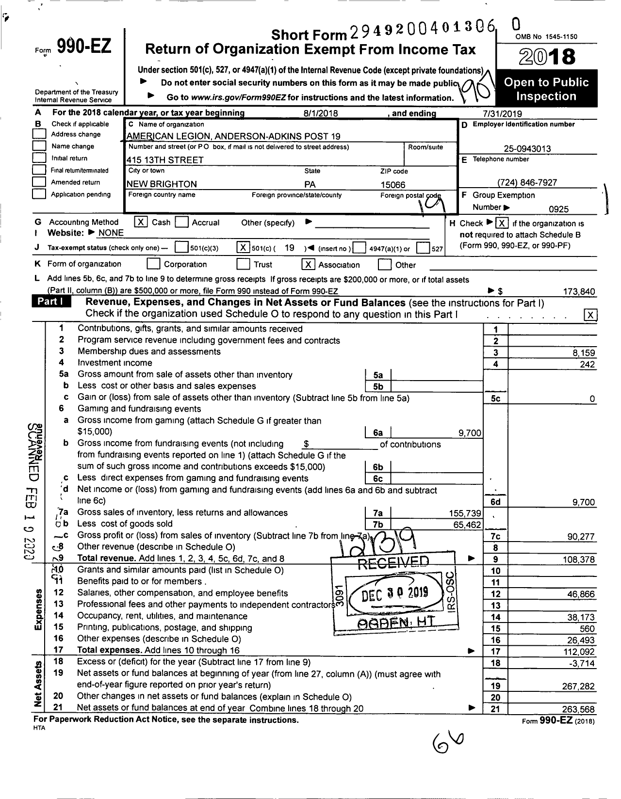 Image of first page of 2018 Form 990EO for American Legion - 19 Anderson-Adkins Inc Post