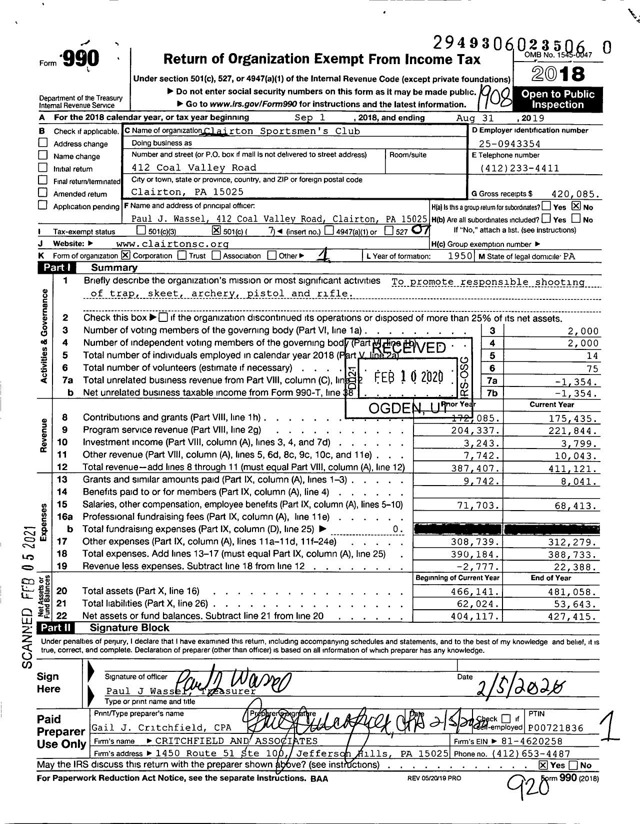 Image of first page of 2018 Form 990O for Clairton Sportsmen's Club