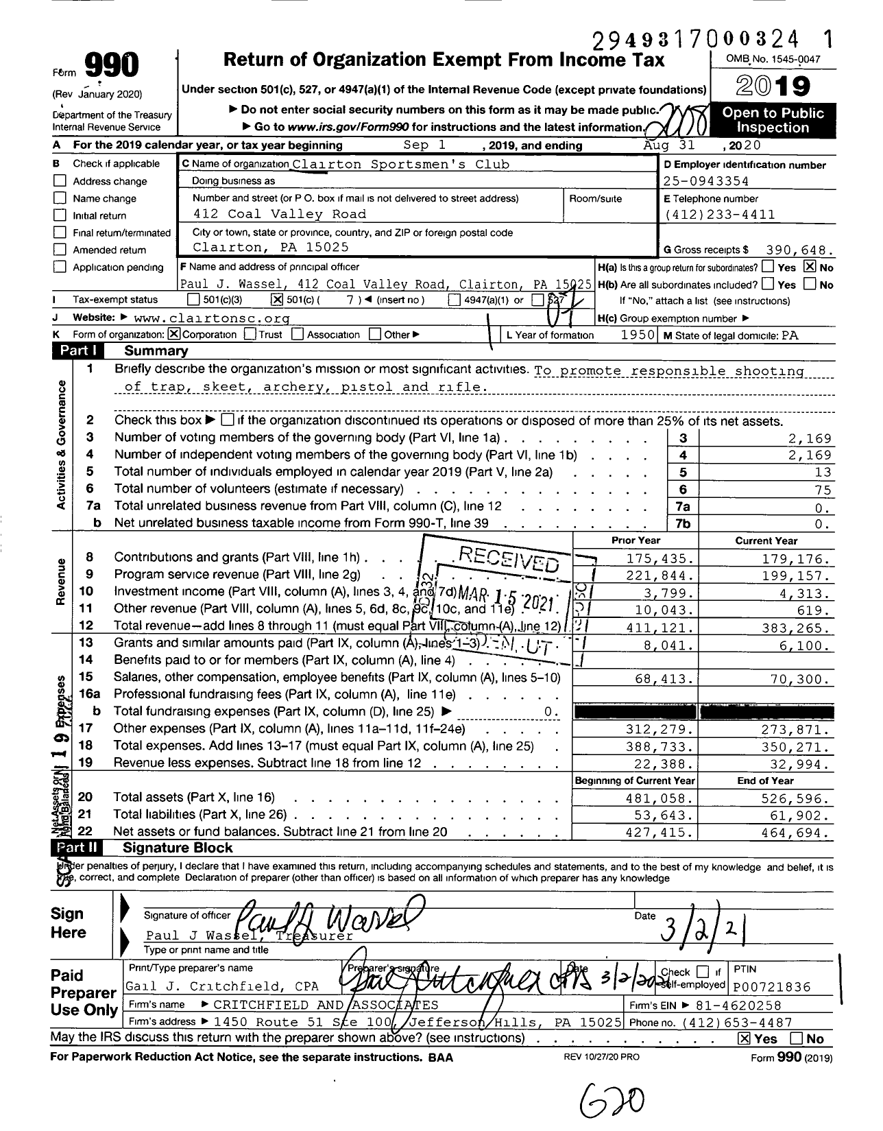 Image of first page of 2019 Form 990O for Clairton Sportsmen's Club