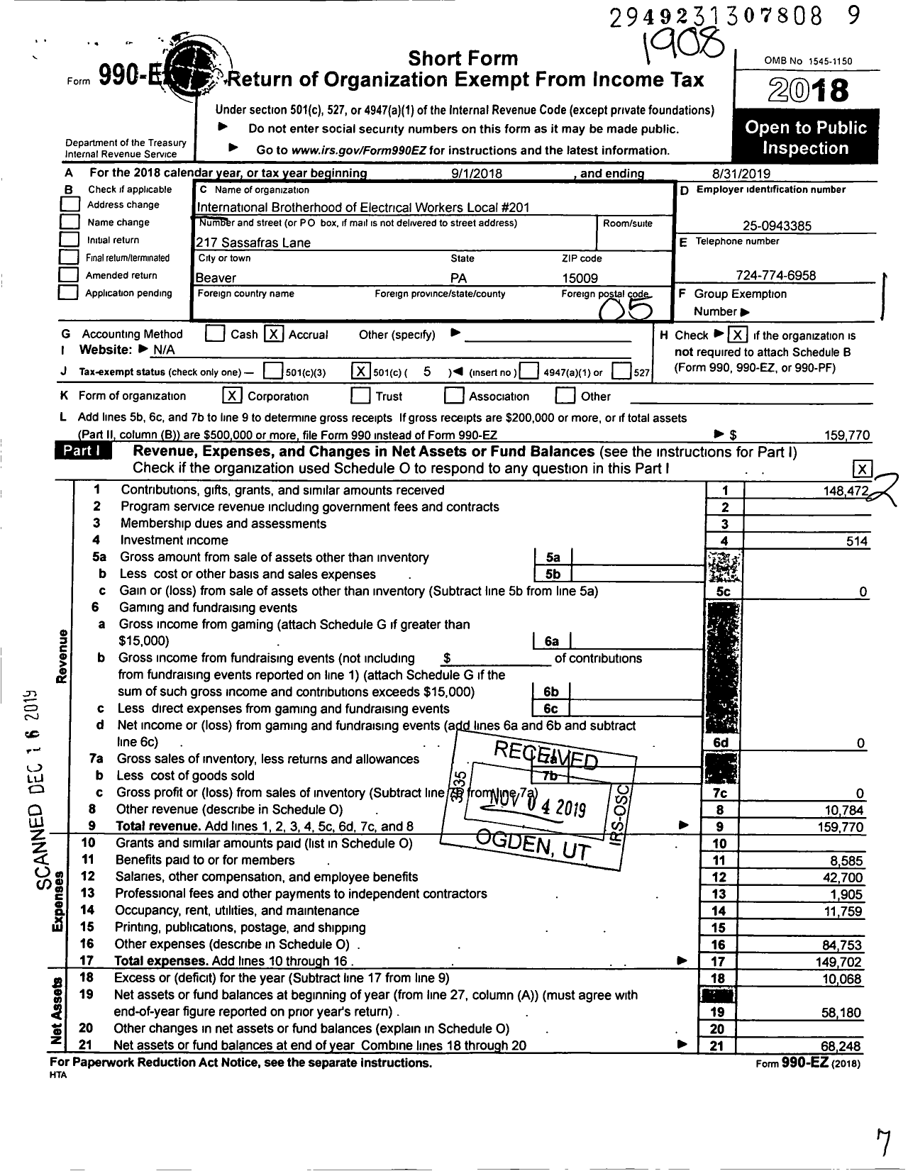 Image of first page of 2018 Form 990EO for International Brotherhood of Electrical Workers - 0201 Local Union