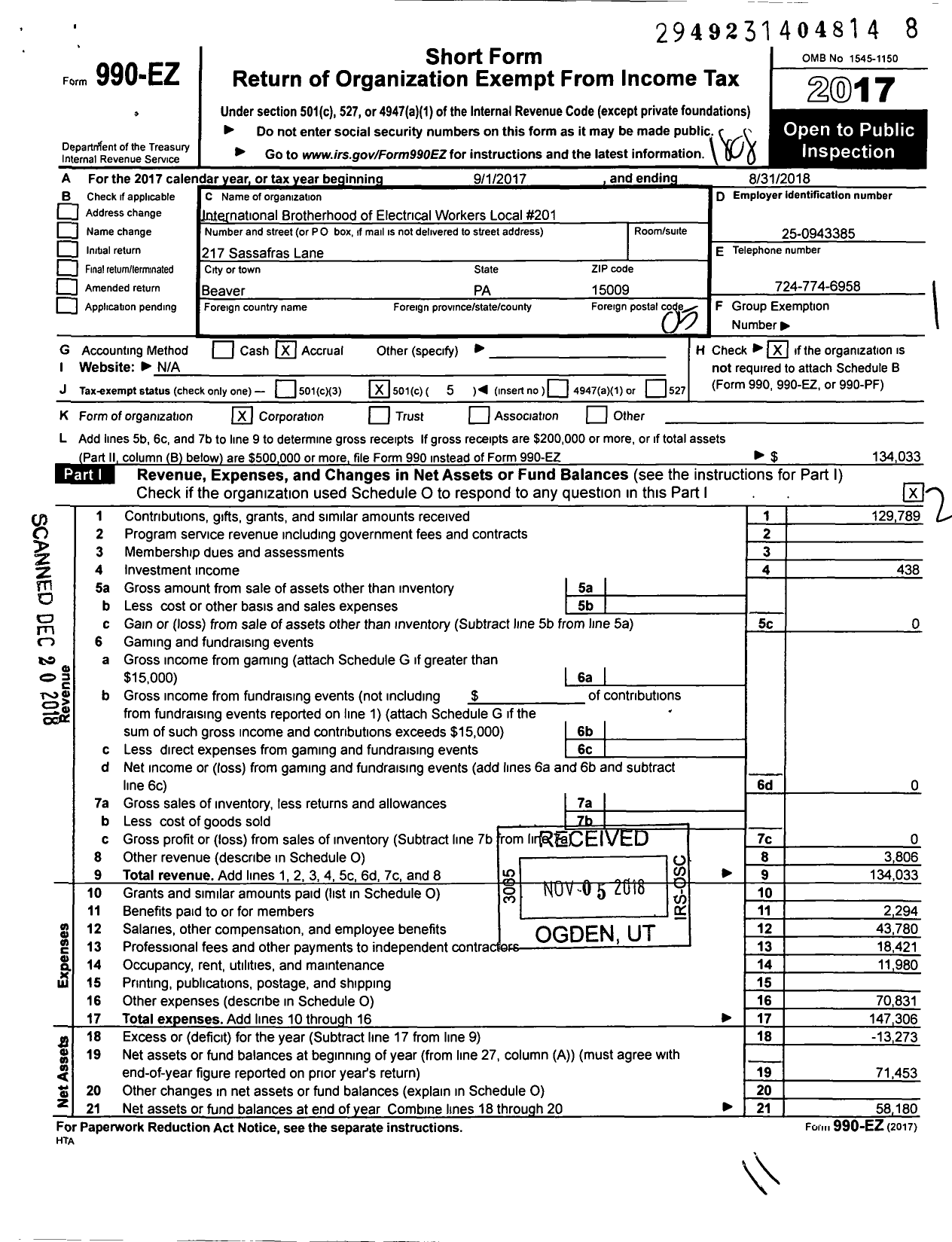 Image of first page of 2017 Form 990EO for International Brotherhood of Electrical Workers - 0201 Local Union