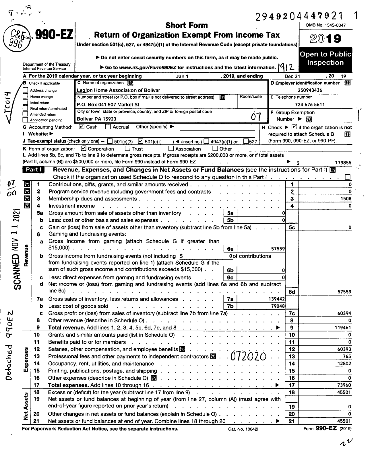 Image of first page of 2019 Form 990EO for AMERICAN LEGION - LEGION Home Association of Bolivar