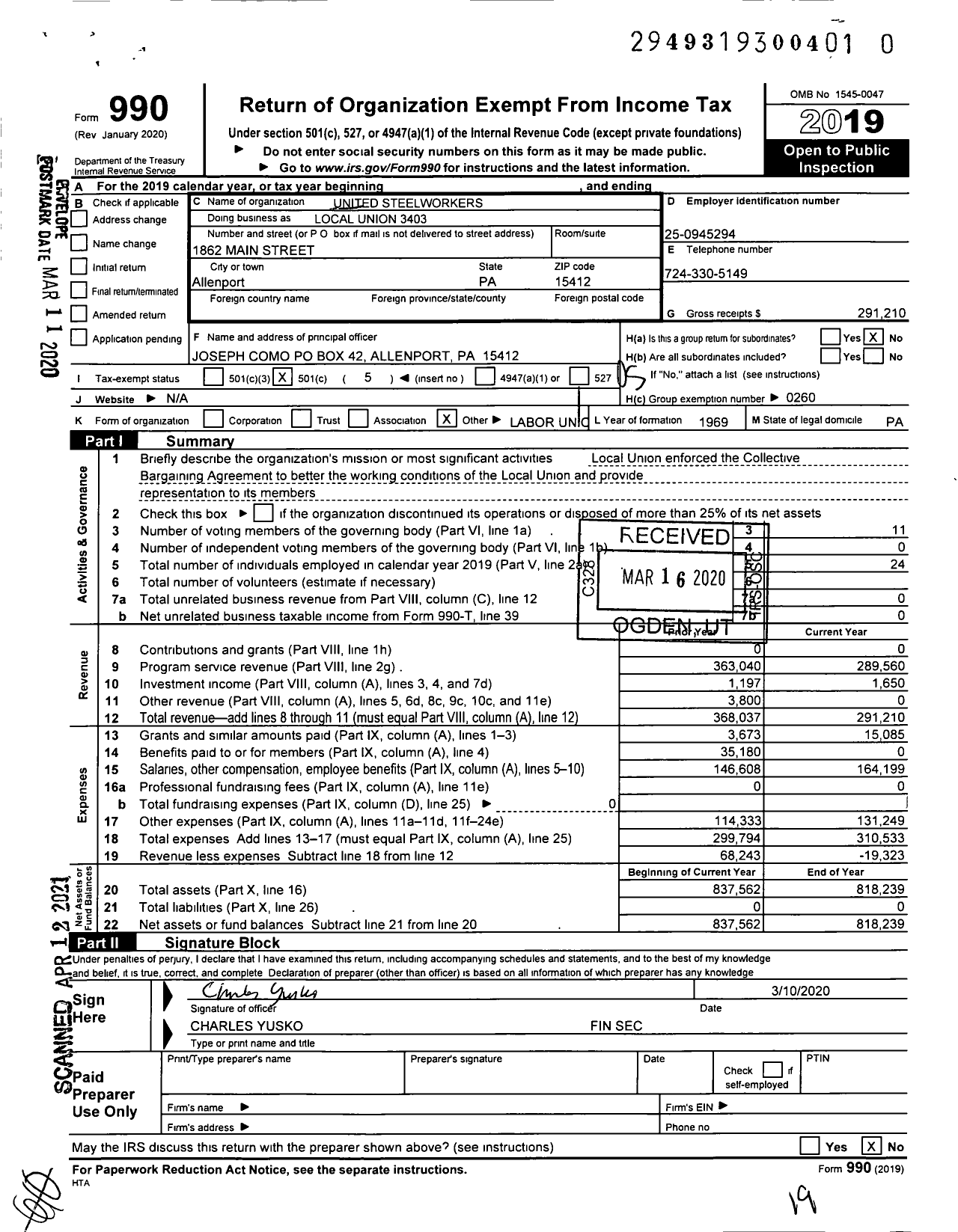 Image of first page of 2019 Form 990O for United Steelworkers - Local Union 3403