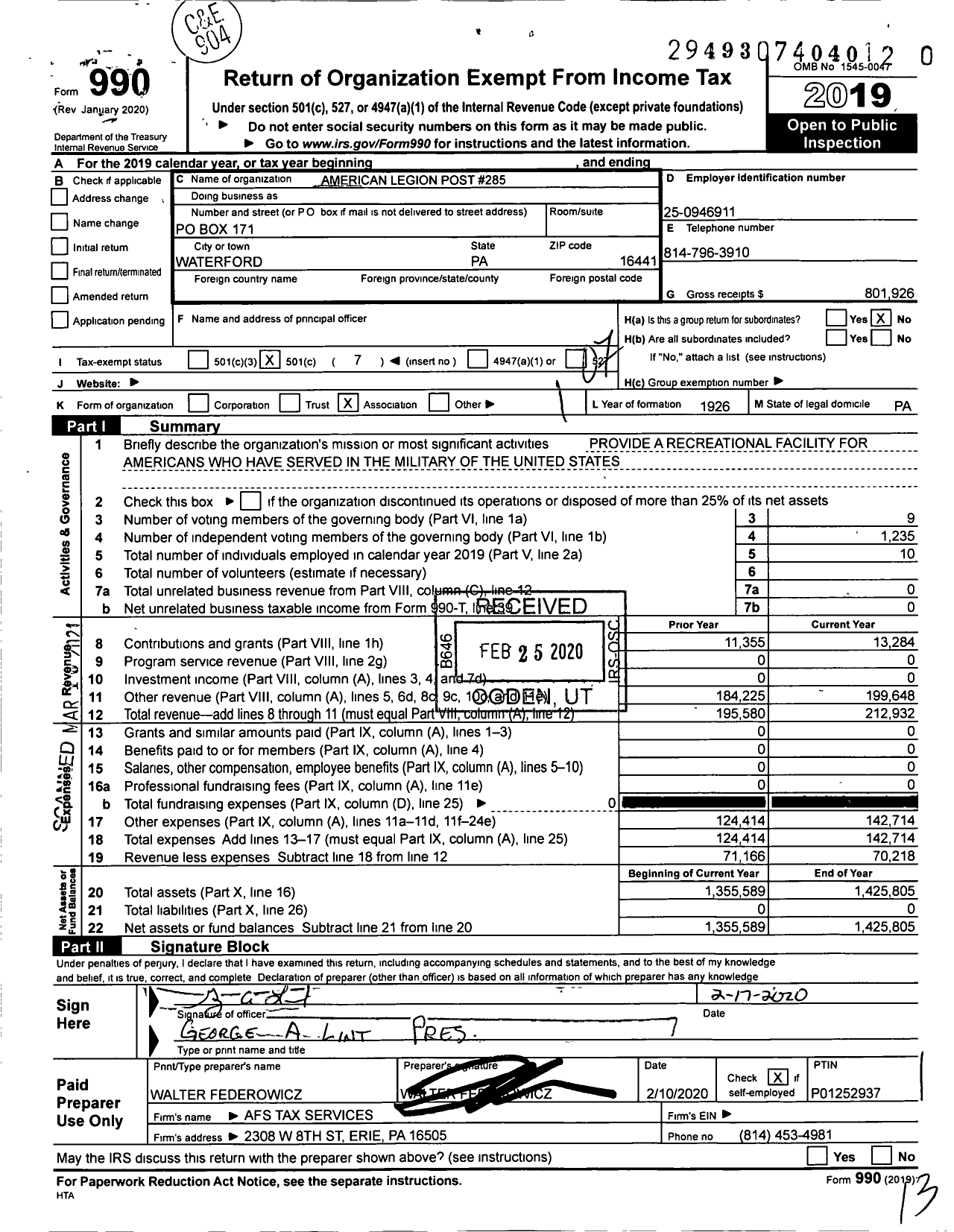 Image of first page of 2019 Form 990O for American Legion - 0285 Fort Le Boeuf Post Pa