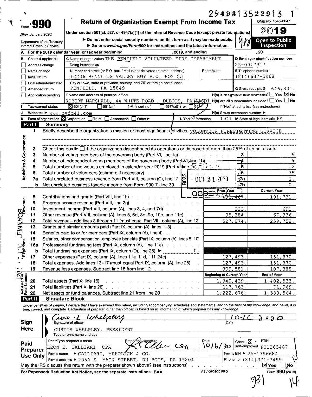 Image of first page of 2019 Form 990 for The Penfield Volunteer Fire Department