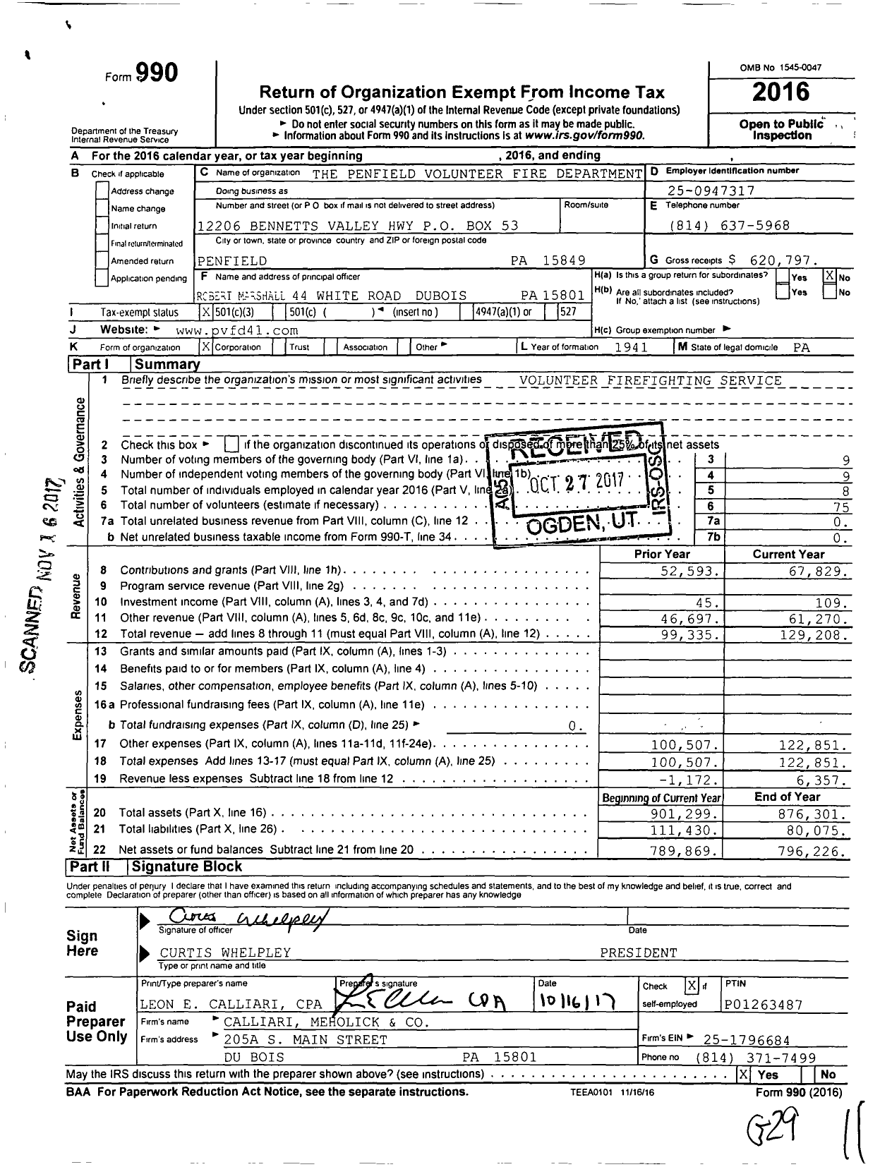 Image of first page of 2016 Form 990 for The Penfield Volunteer Fire Department