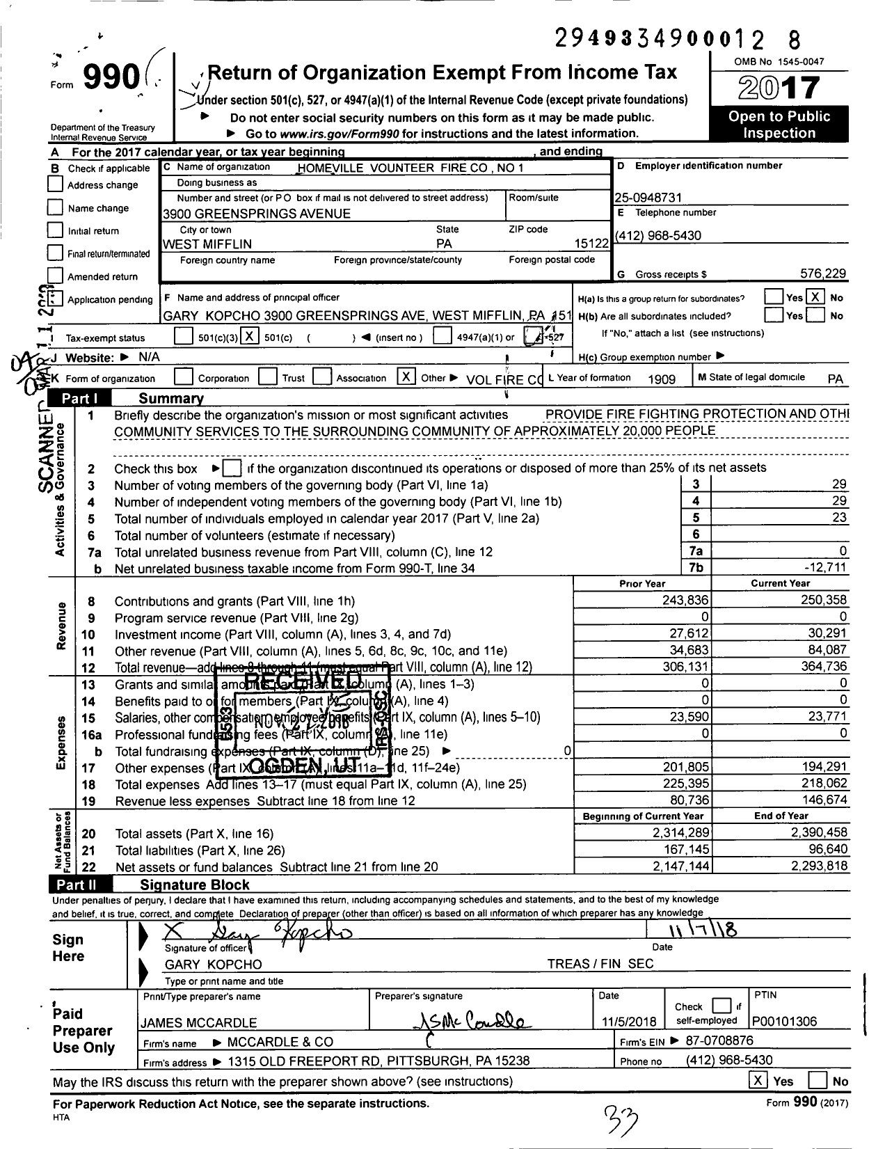 Image of first page of 2017 Form 990O for HOMEVILLE Volunteer FIRE #1