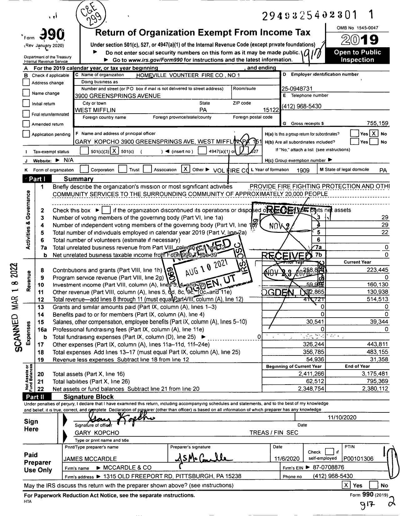 Image of first page of 2019 Form 990 for HOMEVILLE Volunteer FIRE #1