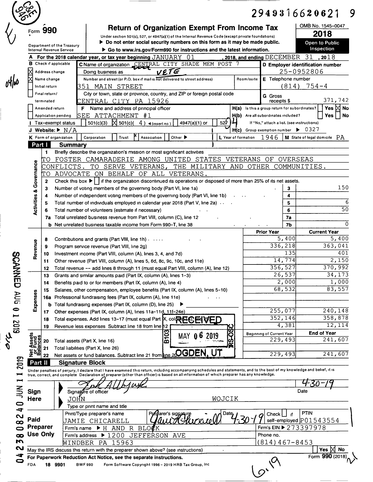 Image of first page of 2018 Form 990O for VFW Department of Pennsylvania - 7457 Central City Shade Mem Post