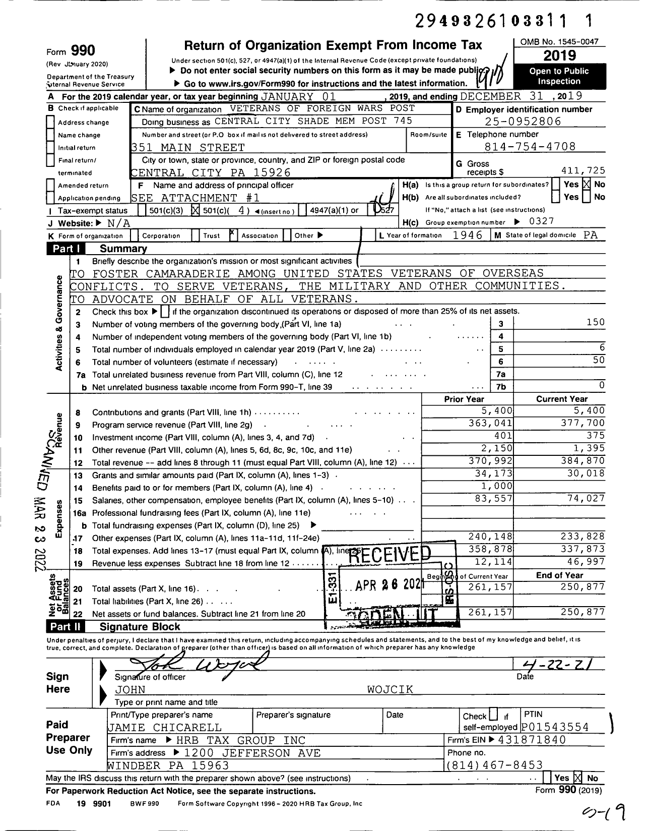 Image of first page of 2019 Form 990O for VFW Department of Pennsylvania - 7457 Central City Shade Mem Post