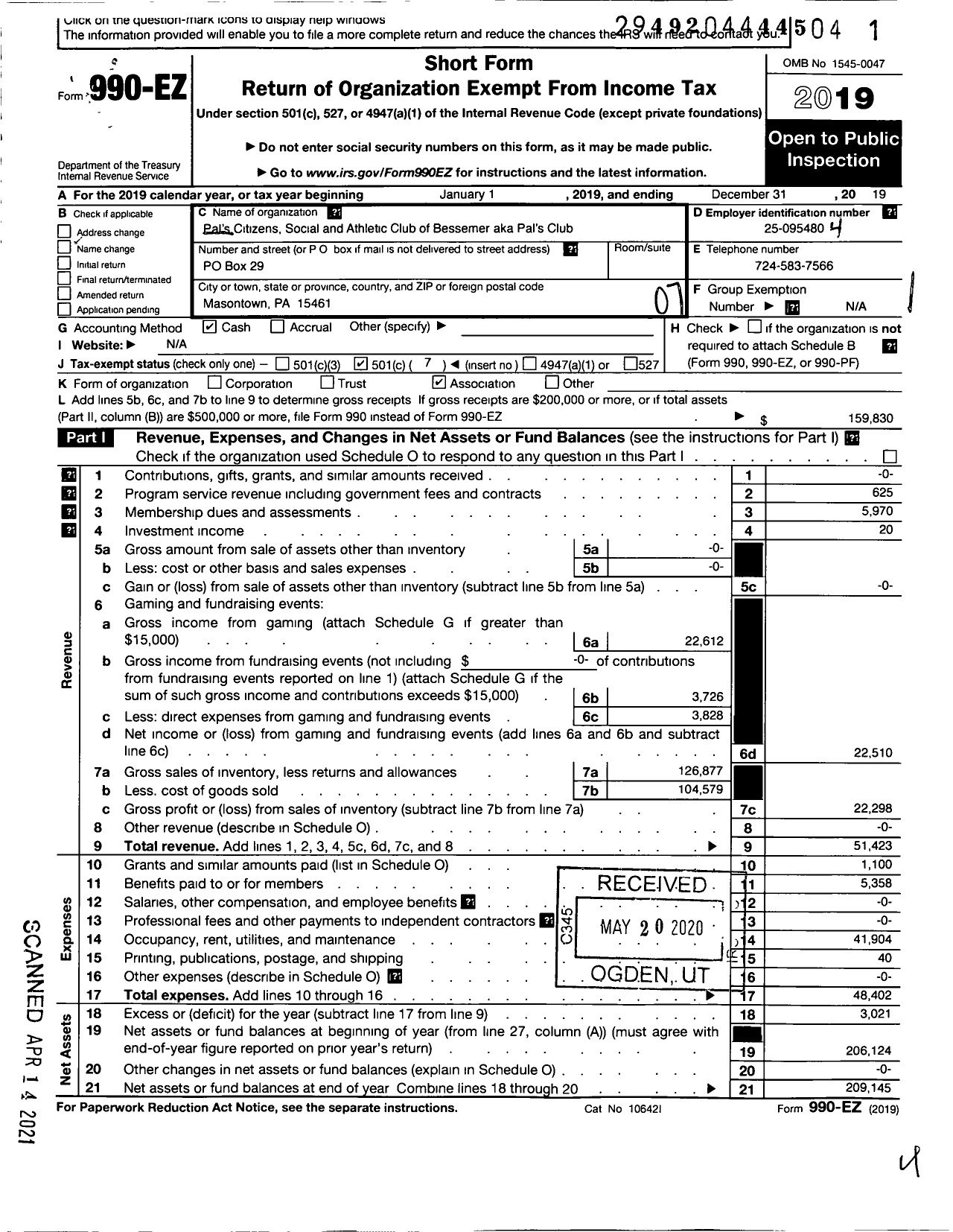 Image of first page of 2019 Form 990EO for Pals Citizens Social and Athletic Club