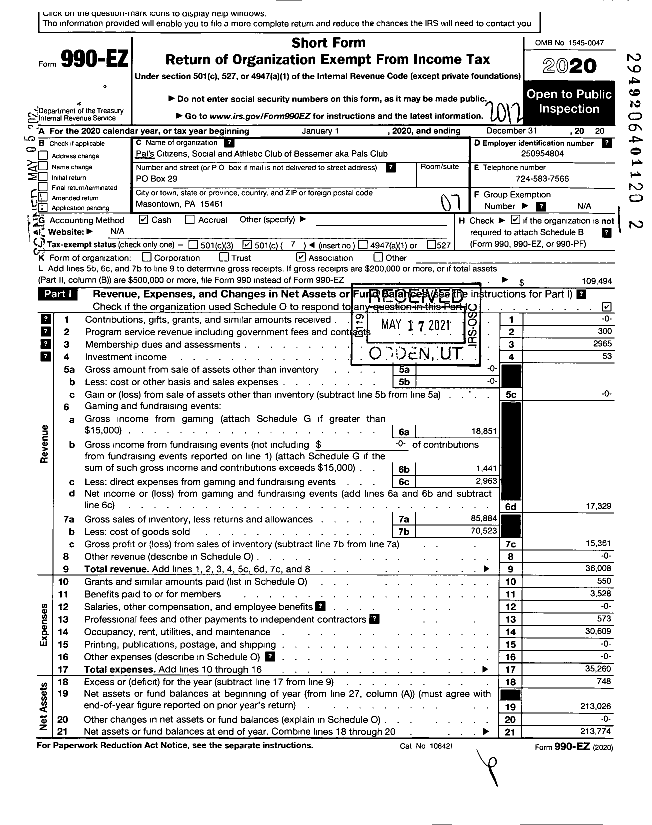 Image of first page of 2020 Form 990EO for Pals Citizens Social and Athletic Club