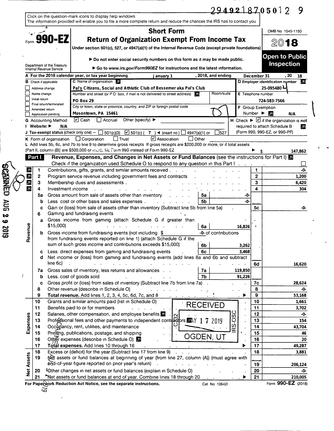 Image of first page of 2018 Form 990EO for Pals Citizens Social and Athletic Club