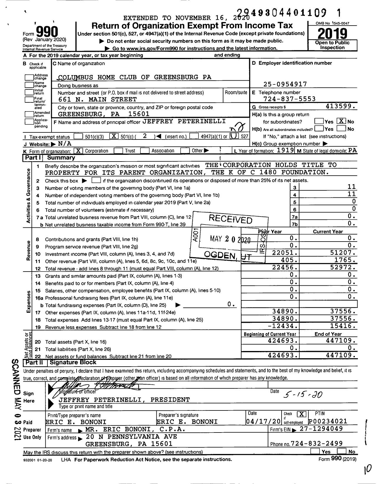 Image of first page of 2019 Form 990O for Columbus Home Club of Greensburg Pa