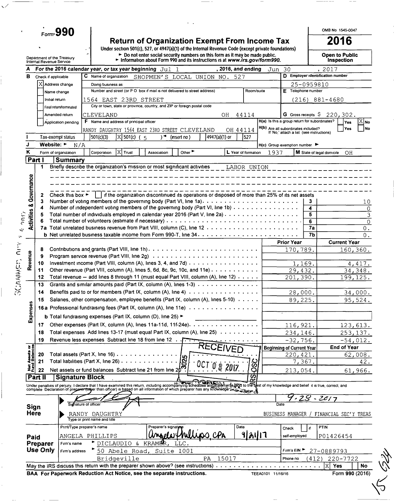 Image of first page of 2016 Form 990O for Shopmen's Local Union No 527