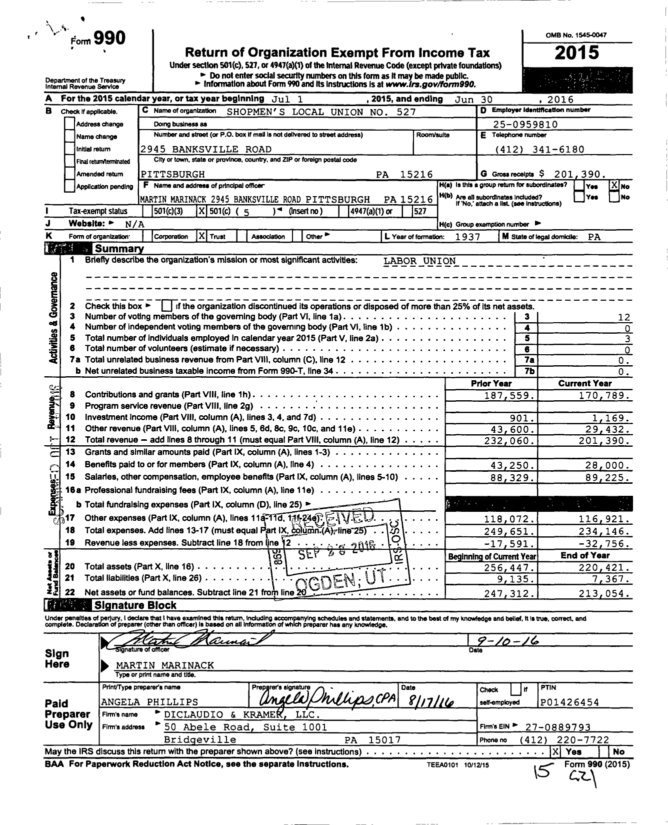 Image of first page of 2015 Form 990O for Shopmen's Local Union No 527