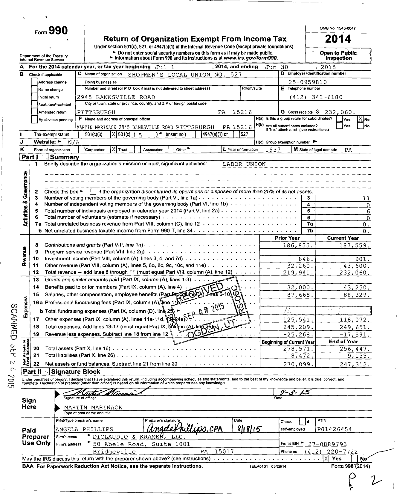 Image of first page of 2014 Form 990O for Shopmen's Local Union No 527