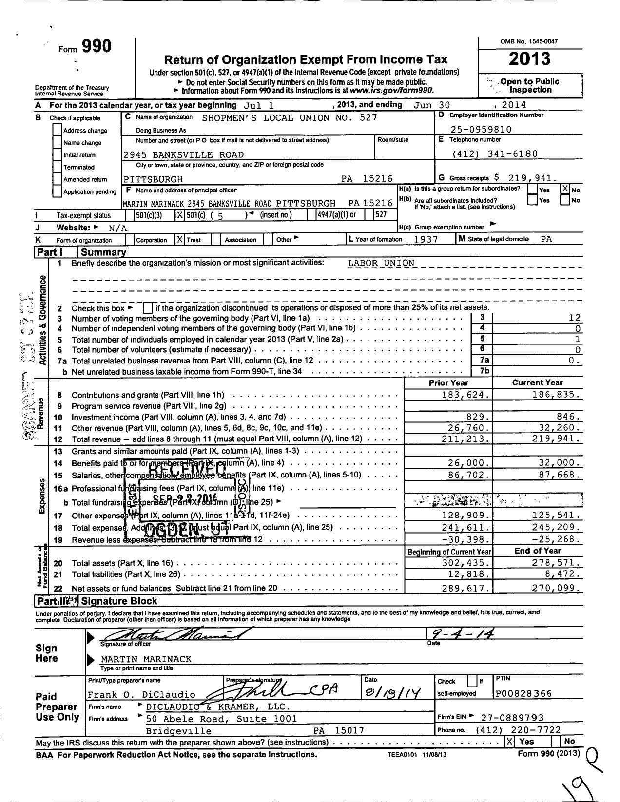 Image of first page of 2013 Form 990O for Shopmen's Local Union No 527