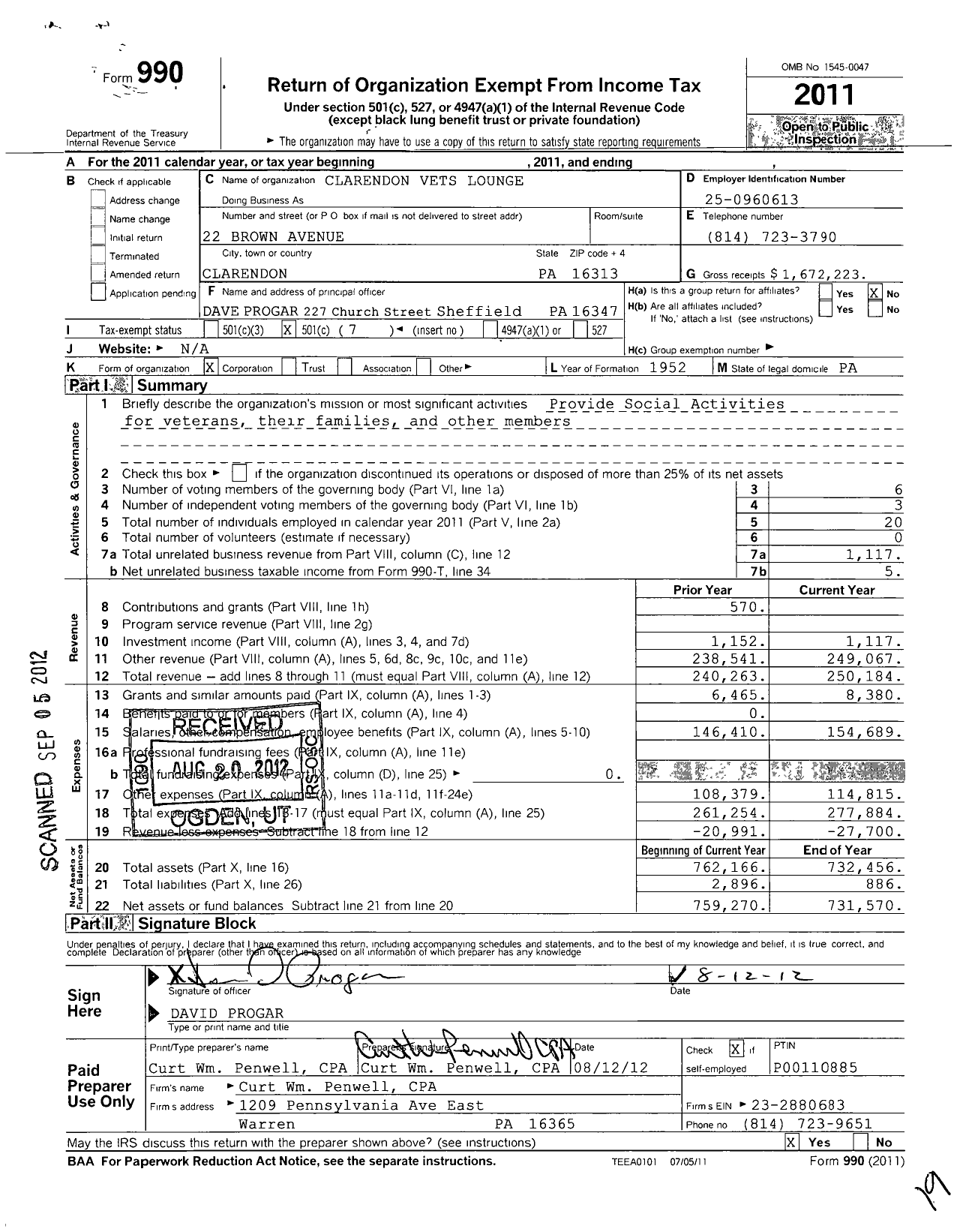 Image of first page of 2011 Form 990O for Clarendon Vets Lounge
