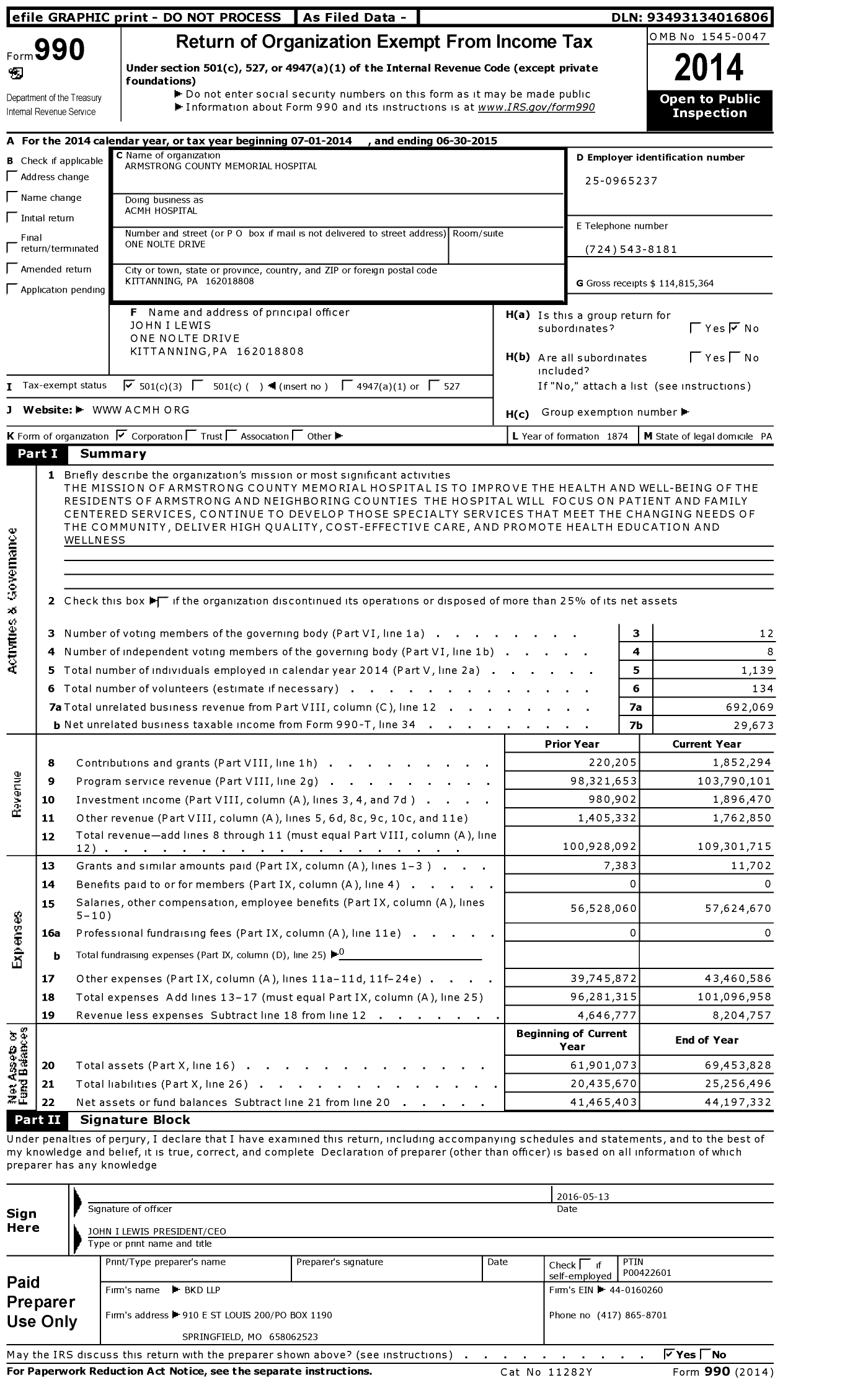 Image of first page of 2014 Form 990 for Armstrong County Memorial Hospital (ACMH)