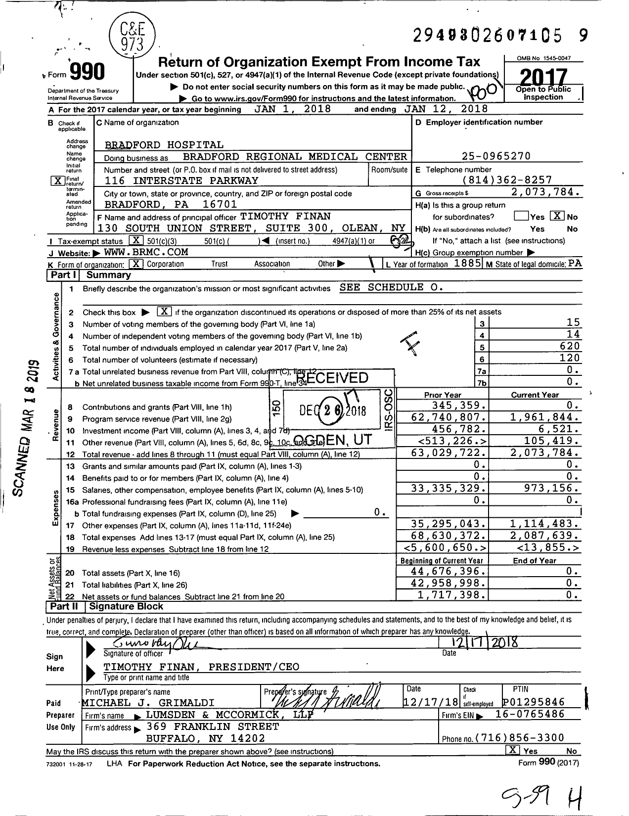 Image of first page of 2017 Form 990 for Bradford Regional Medical Center (BRMC)