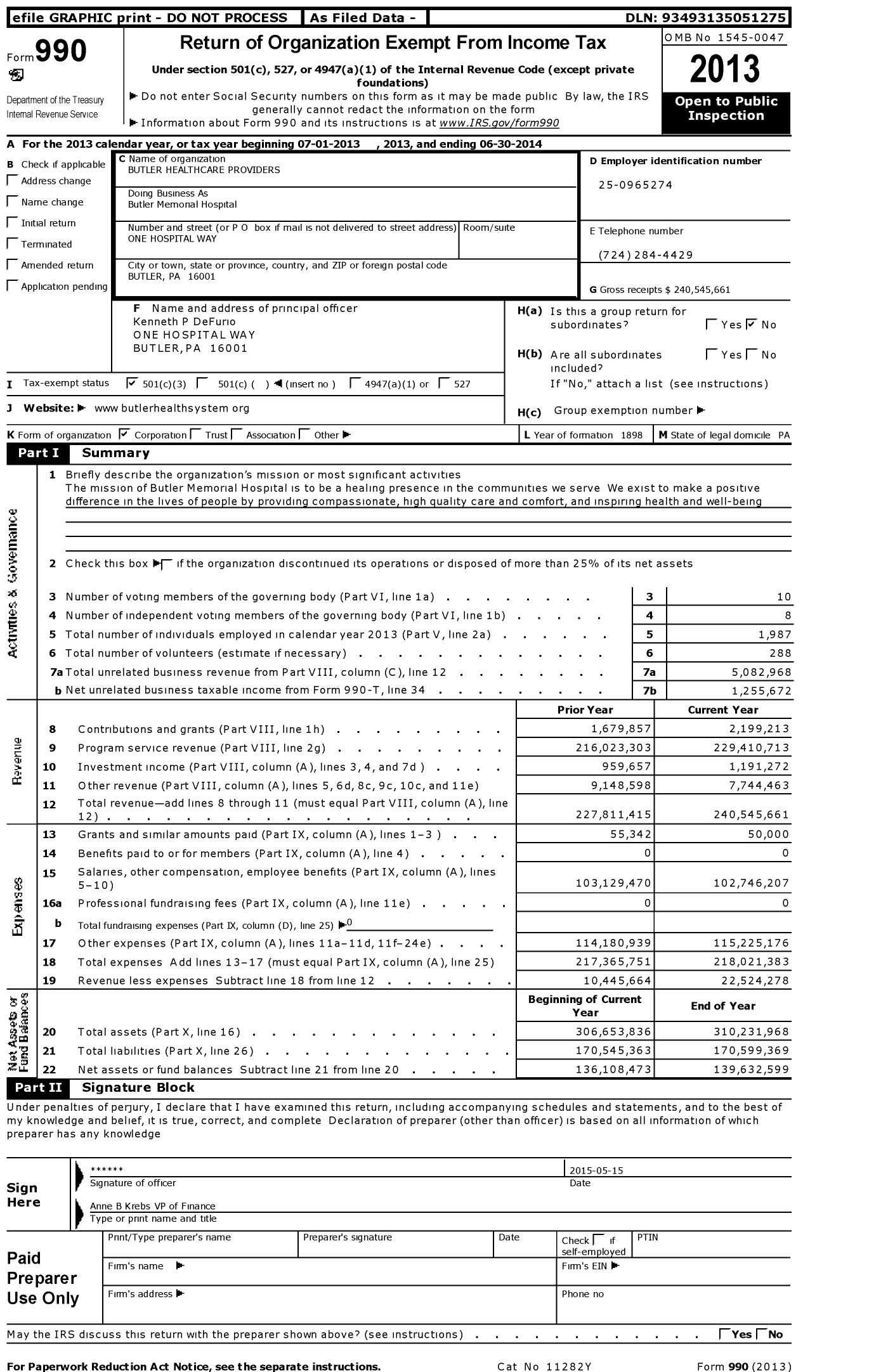 Image of first page of 2013 Form 990 for Butler Health System (BHS)