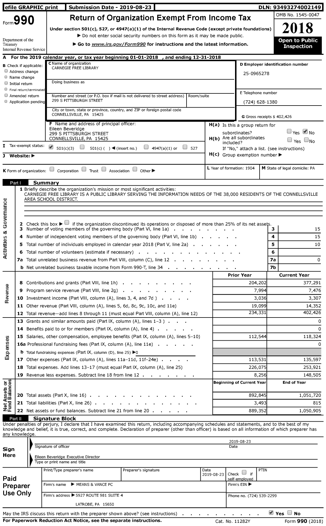 Image of first page of 2018 Form 990 for Carnegie Free Library