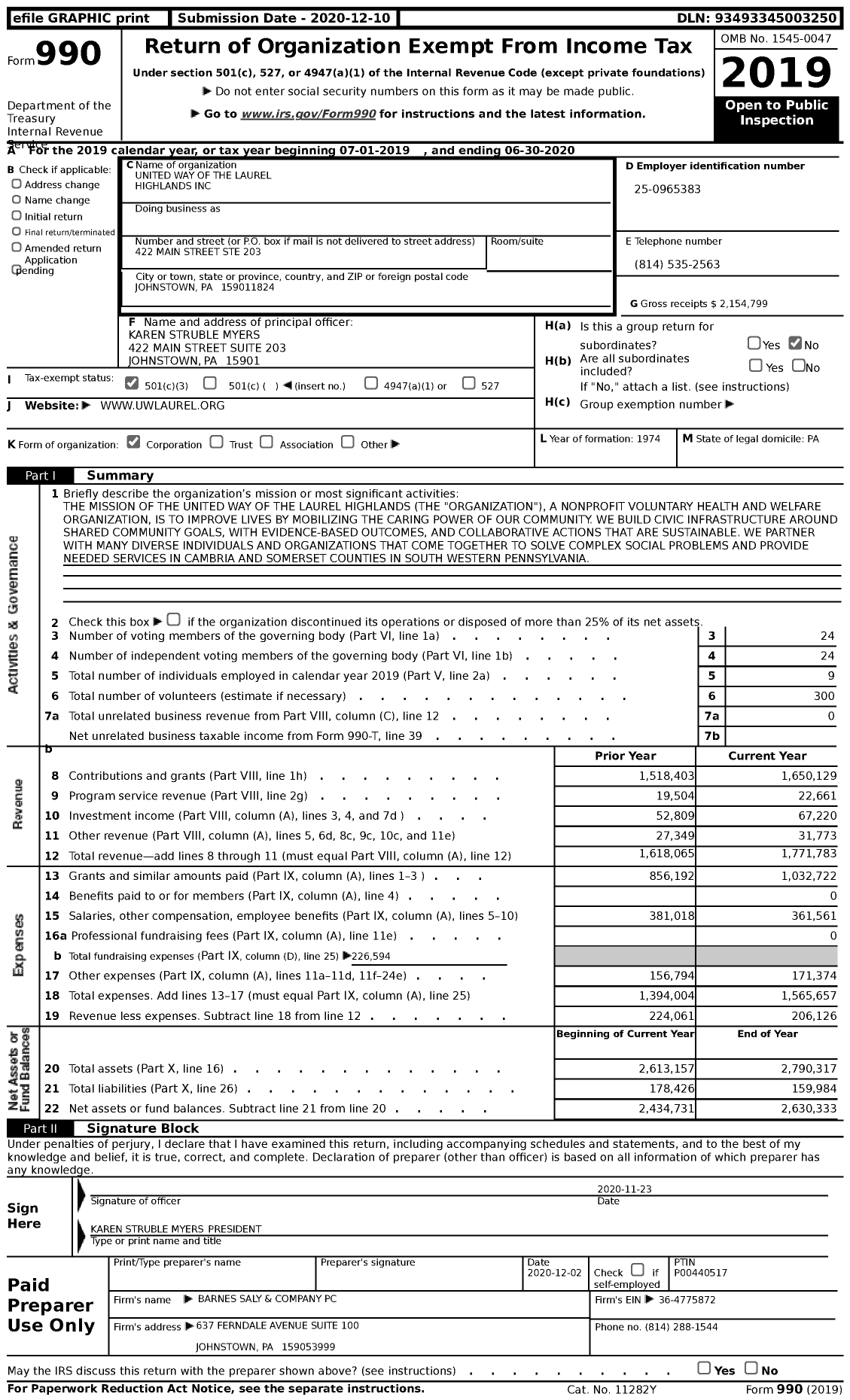 Image of first page of 2019 Form 990 for United Way of the Laurel Highlands (UWLH)