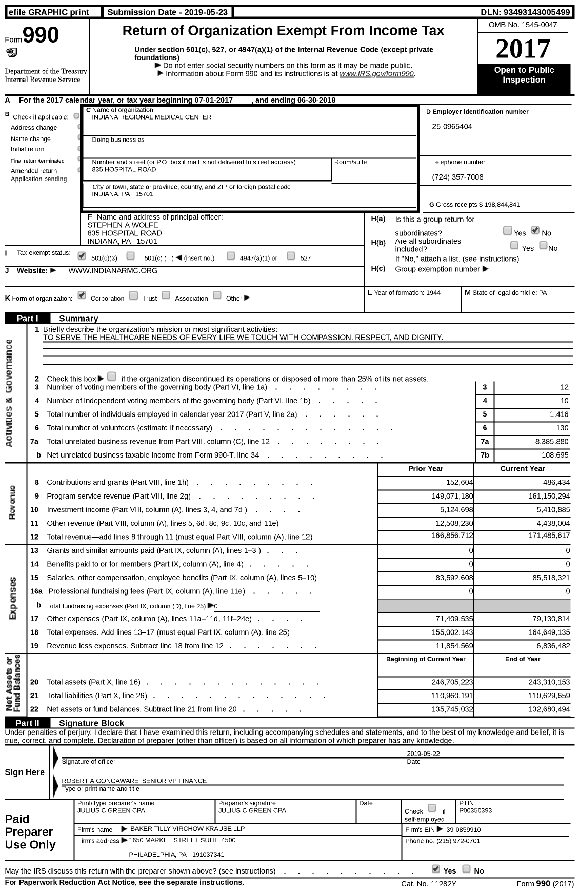Image of first page of 2017 Form 990 for Indiana Regional Medical Center (IRMC)