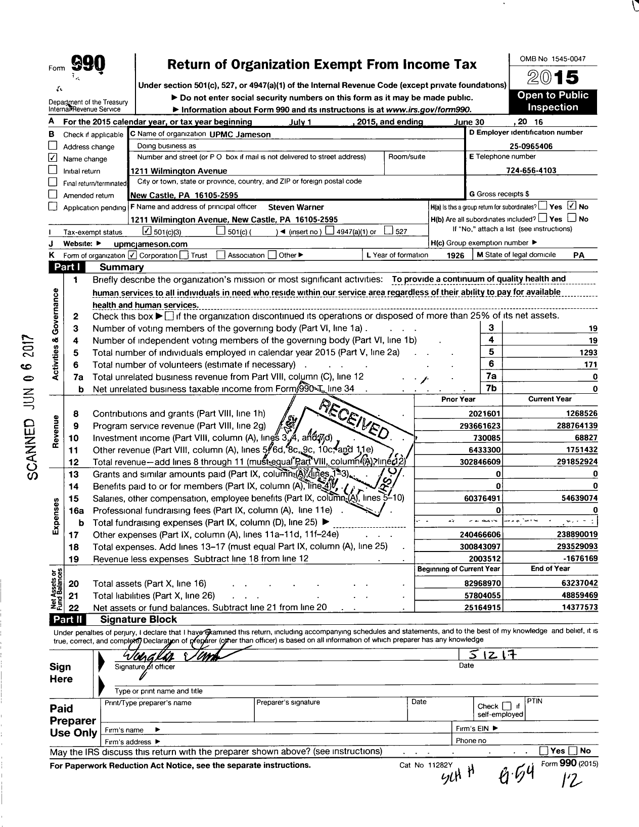 Image of first page of 2015 Form 990 for Upmc Jameson