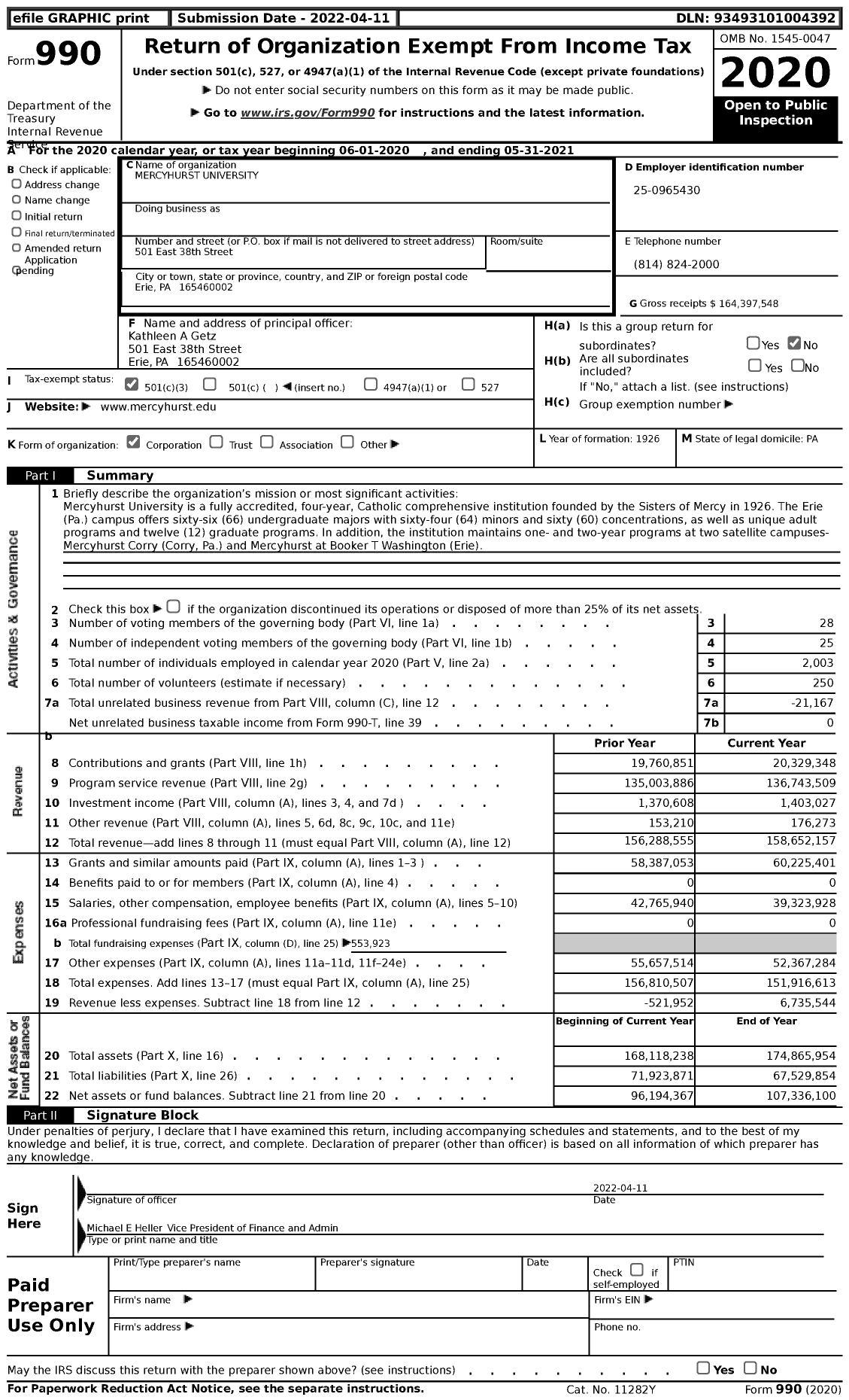 Image of first page of 2020 Form 990 for Mercyhurst University