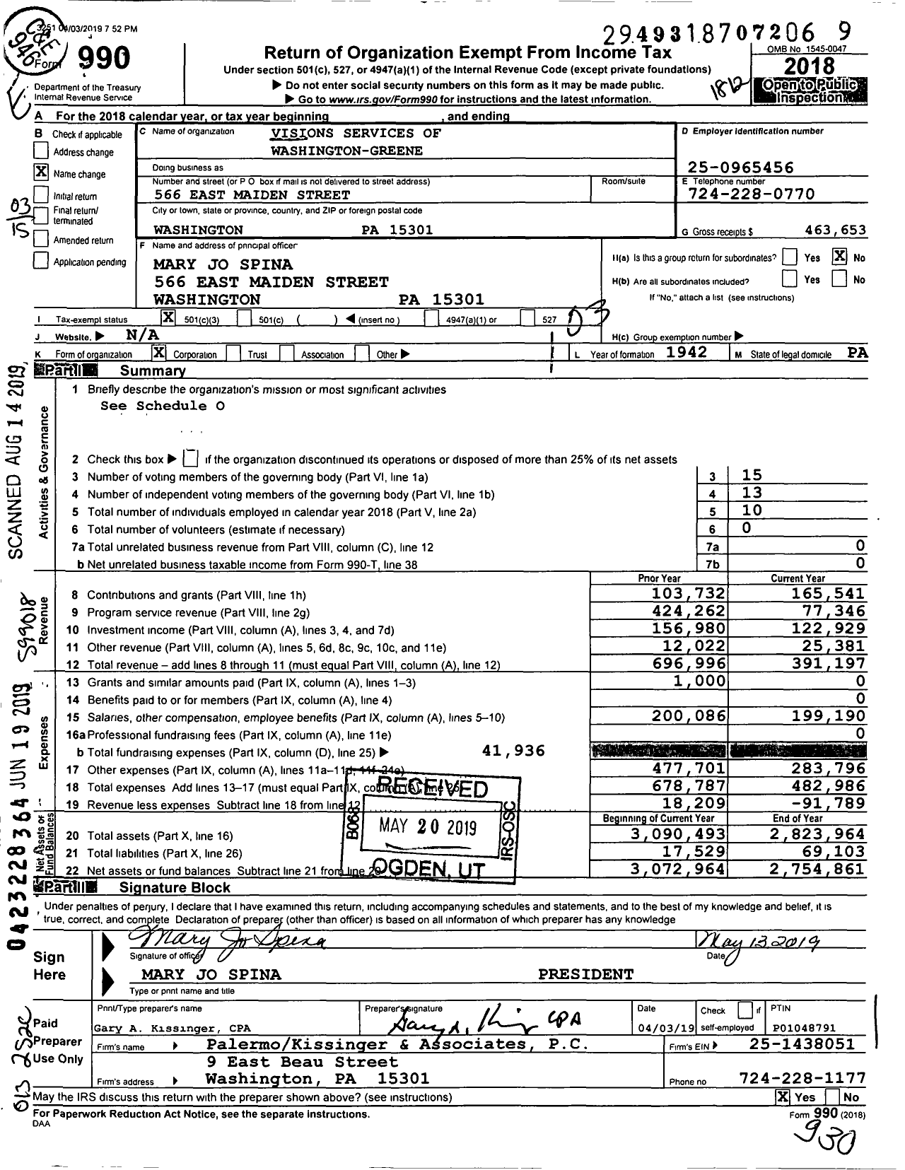 Image of first page of 2018 Form 990 for Visions Services of Washington-Greene