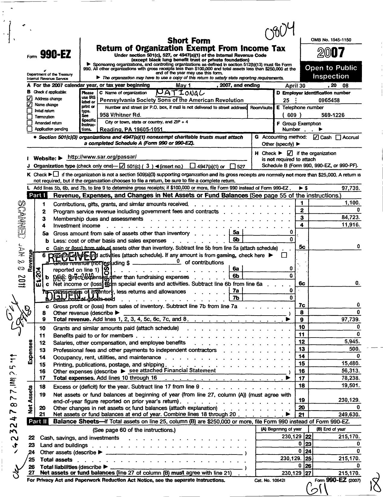 Image of first page of 2007 Form 990EZ for Pennsylvania Society of the Sons of the American Revolution