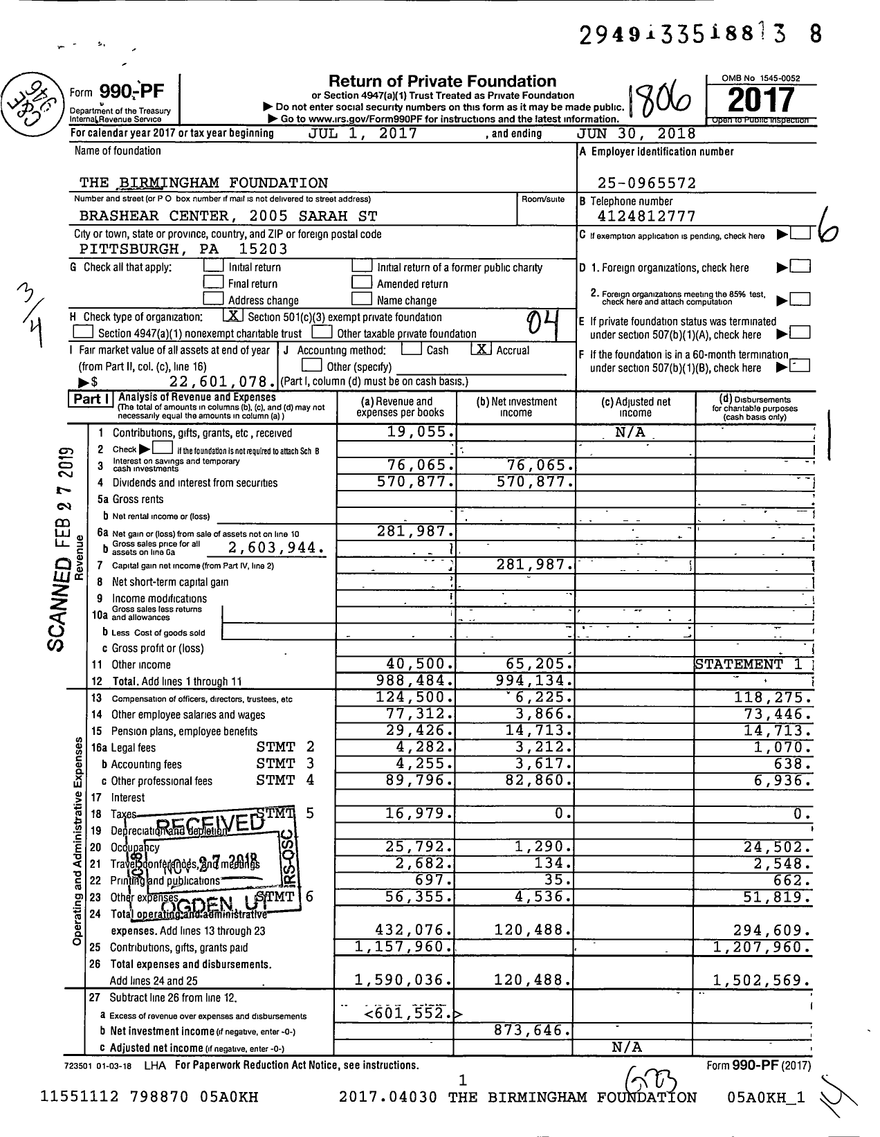 Image of first page of 2017 Form 990PF for The Birmingham Foundation