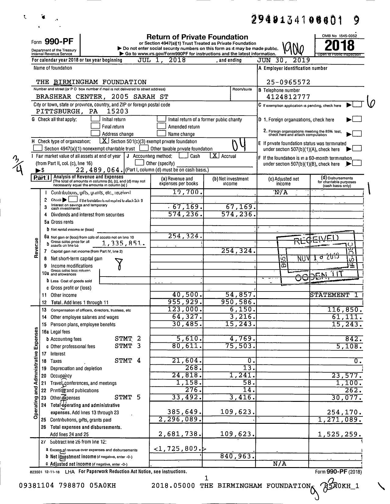 Image of first page of 2018 Form 990PF for The Birmingham Foundation