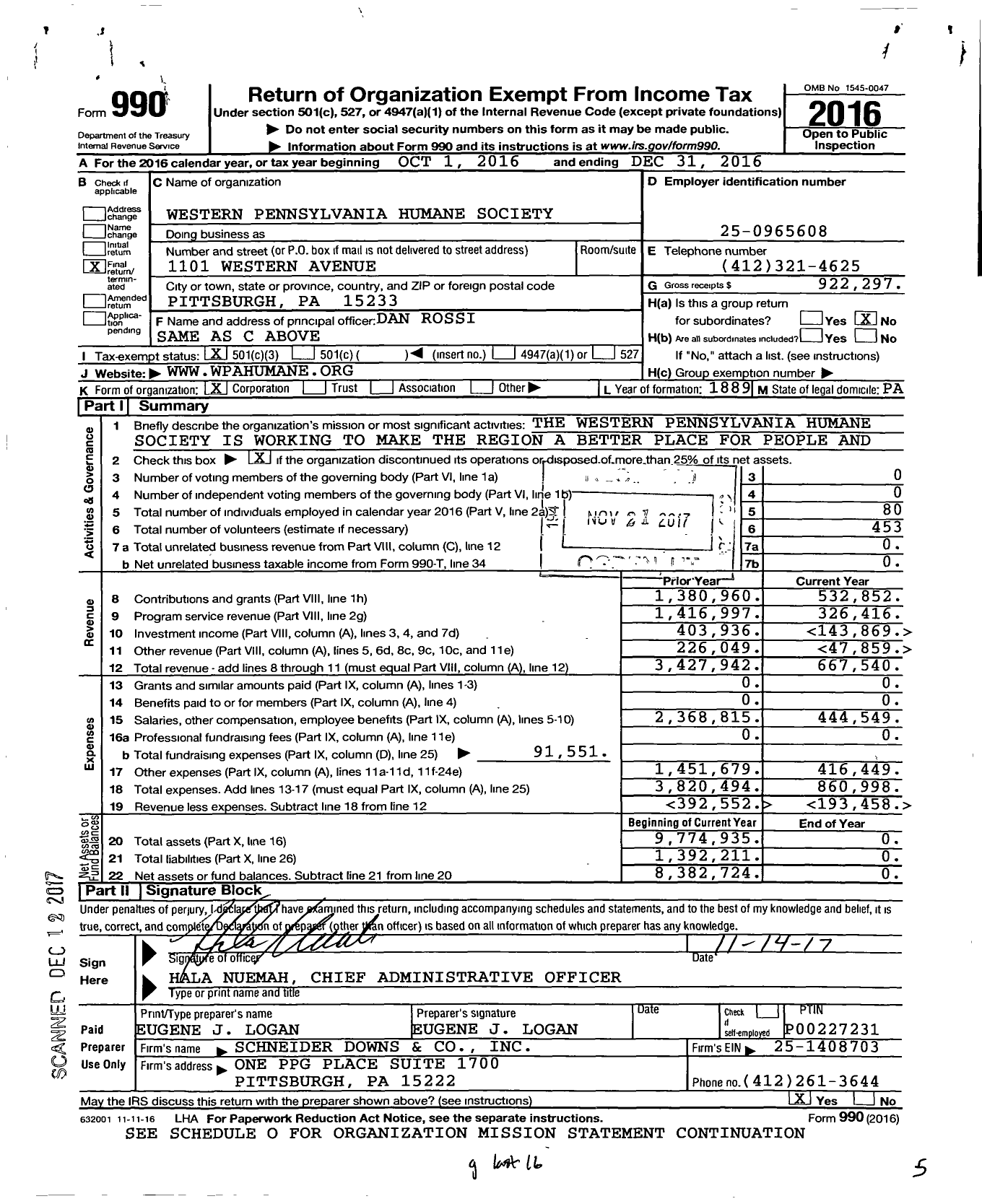 Image of first page of 2016 Form 990 for Western Pennsylvania Humane Society