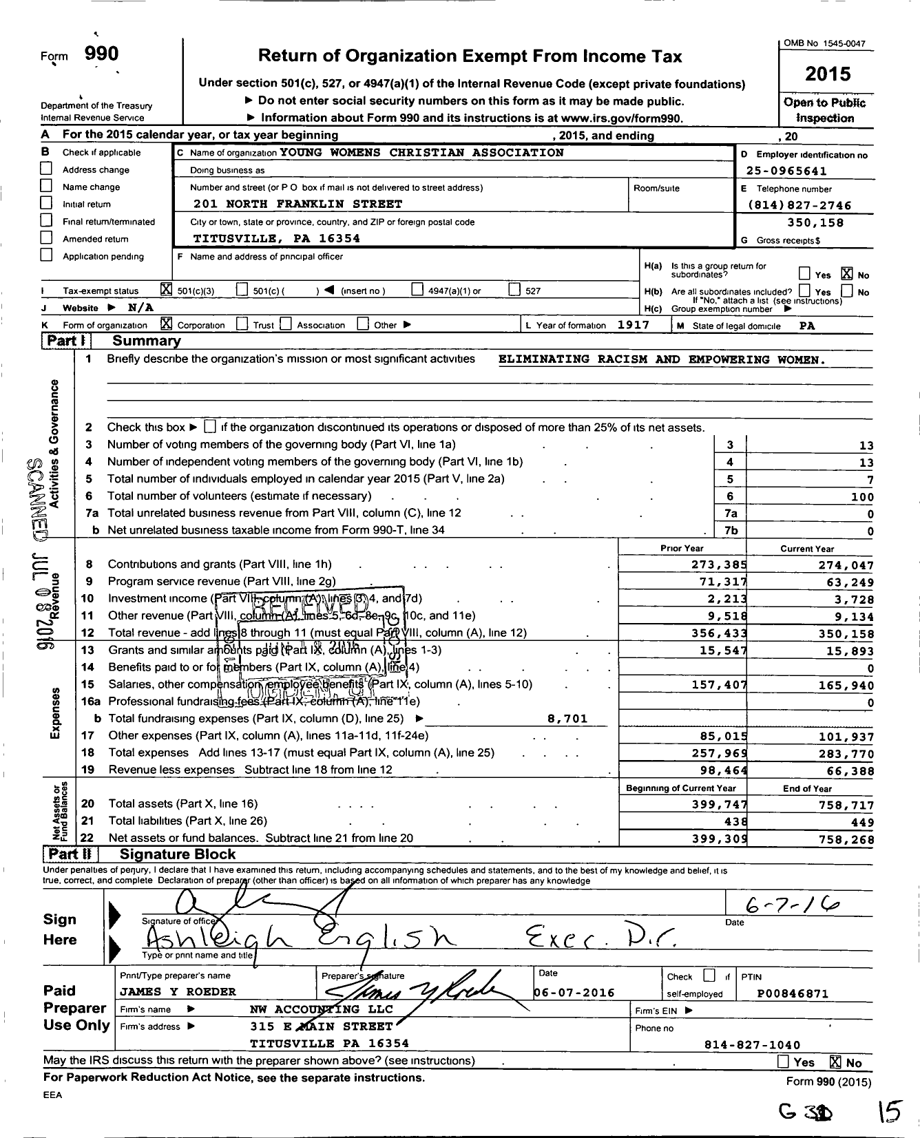 Image of first page of 2015 Form 990 for Young Womens Christian Association