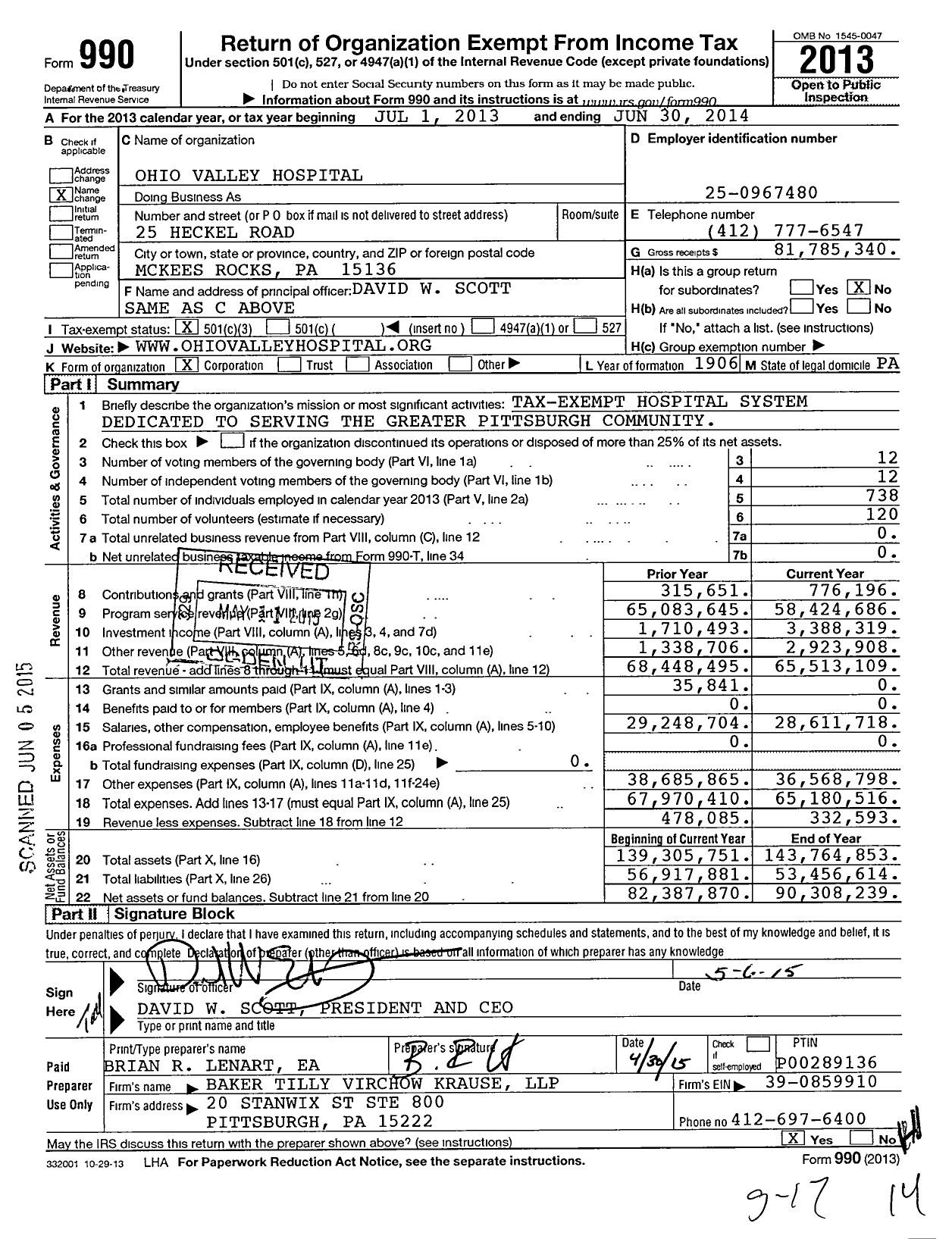 Image of first page of 2013 Form 990 for Heritage Valley Kennedy (OVH)
