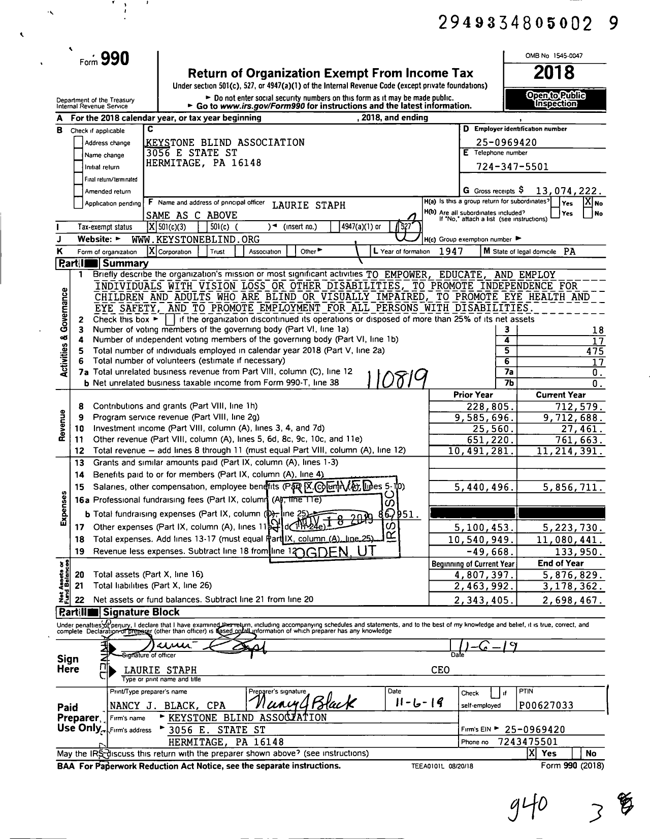 Image of first page of 2018 Form 990 for Keystone Blind Association