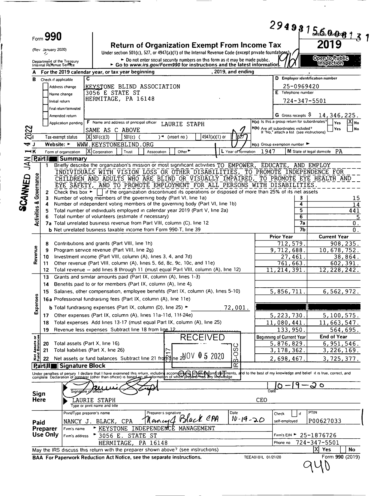 Image of first page of 2019 Form 990 for Keystone Blind Association
