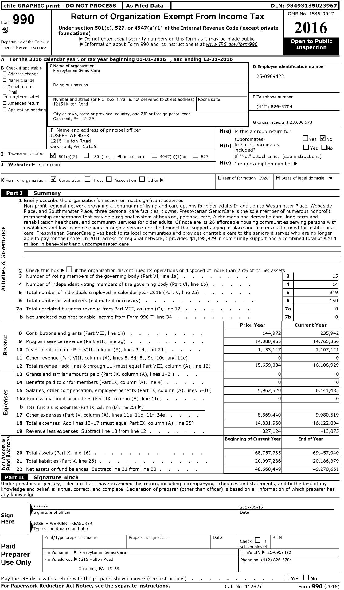 Image of first page of 2016 Form 990 for Presbyterian SeniorCare