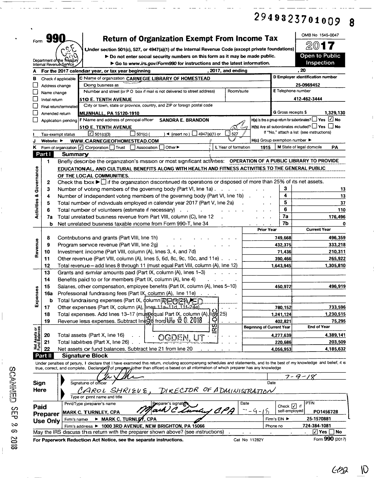 Image of first page of 2017 Form 990 for Carnegie Library of Homestead