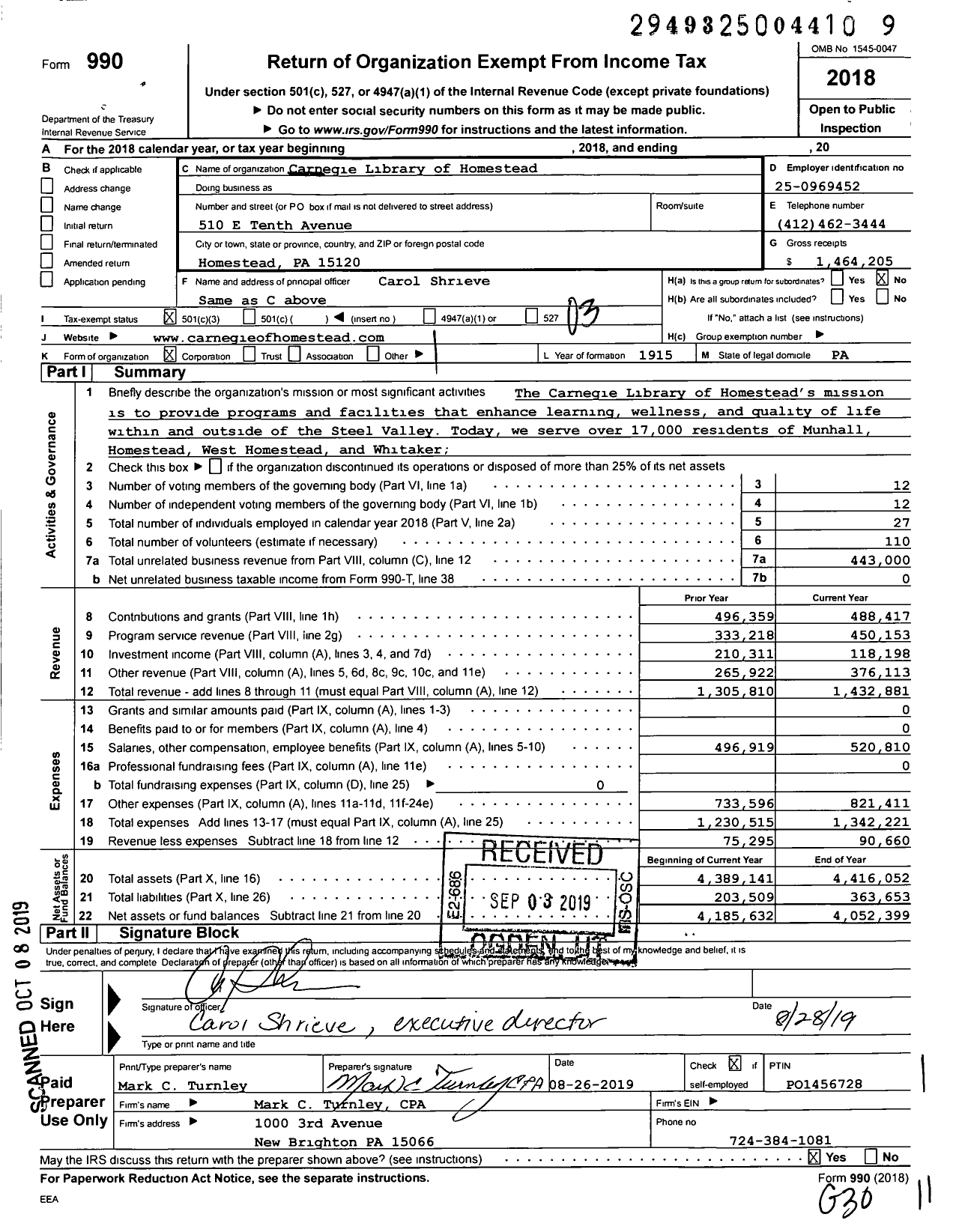 Image of first page of 2018 Form 990 for Carnegie Library of Homestead