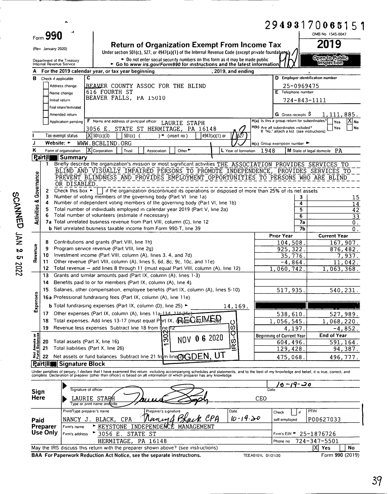 Image of first page of 2019 Form 990 for Beaver County Association for the Blind