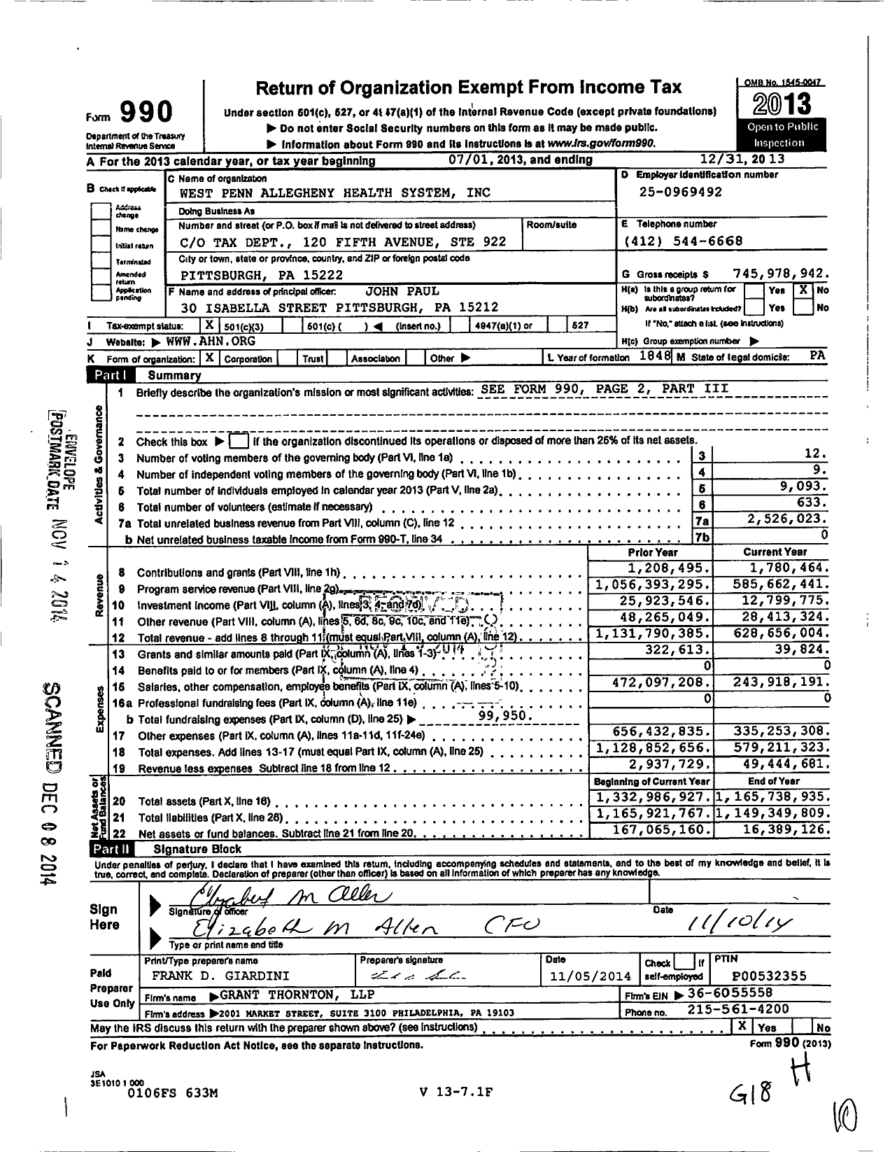 Image of first page of 2013 Form 990 for West Penn Allegheny Health System