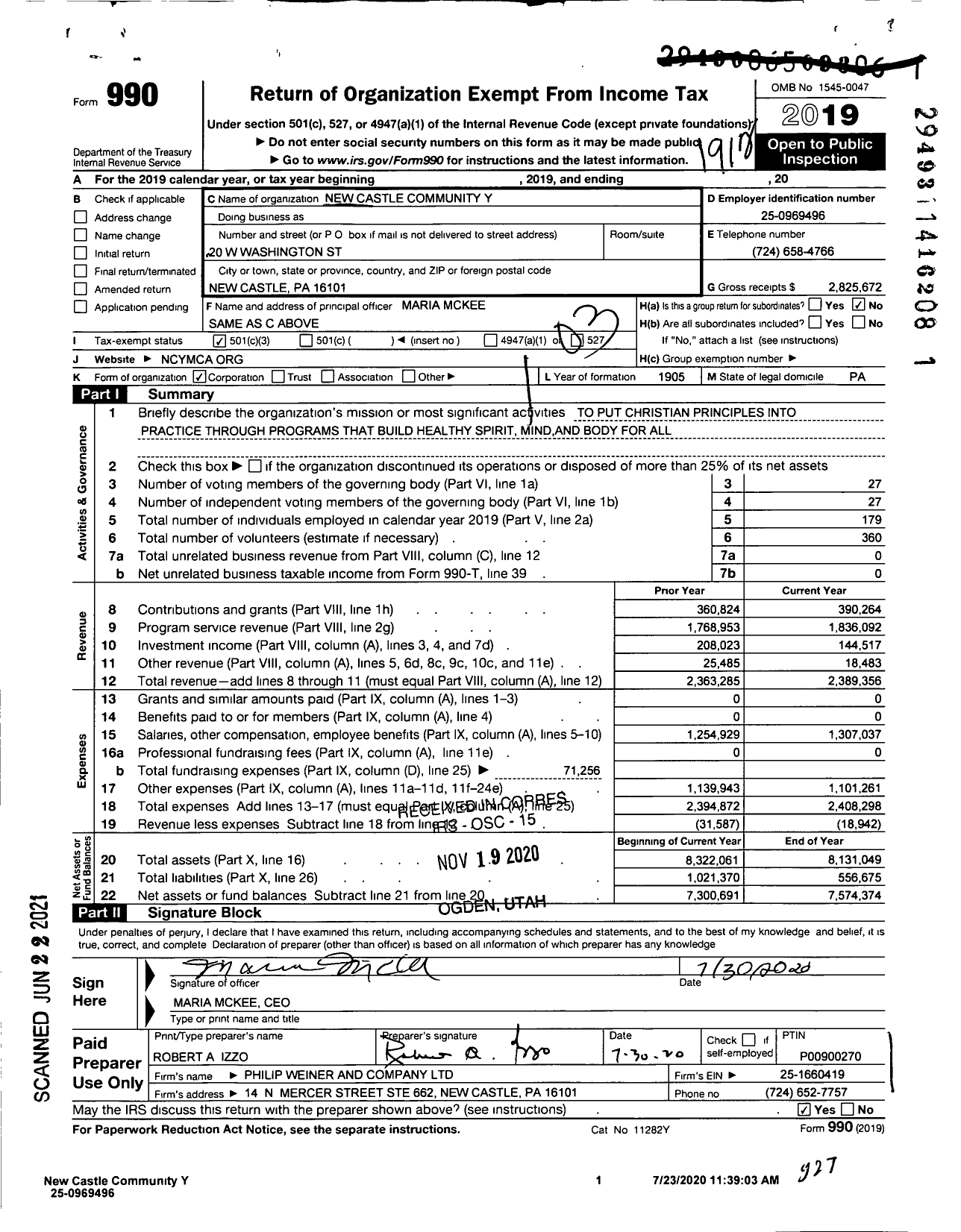 Image of first page of 2019 Form 990 for The Lawrence County YMCA