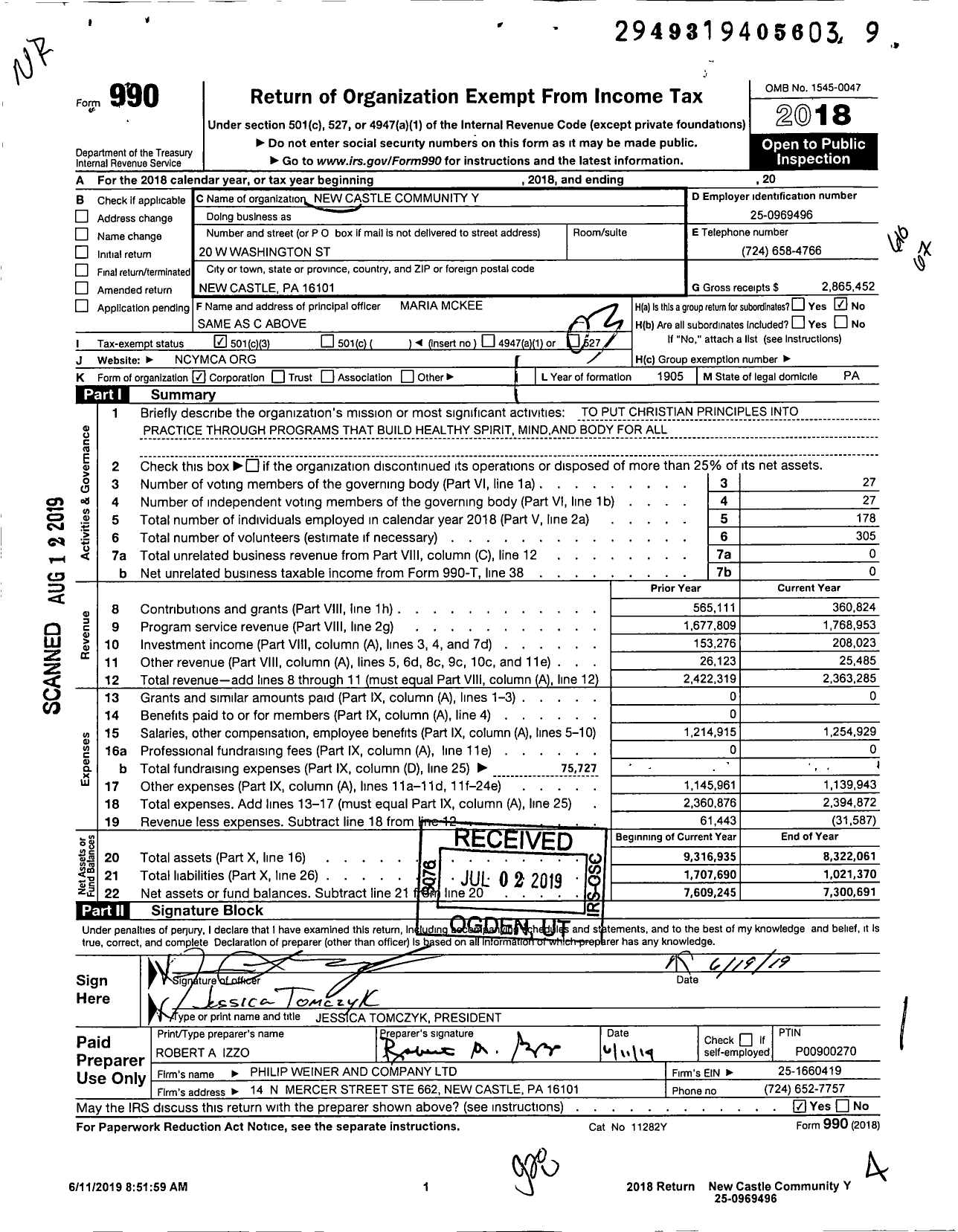 Image of first page of 2018 Form 990 for The Lawrence County YMCA
