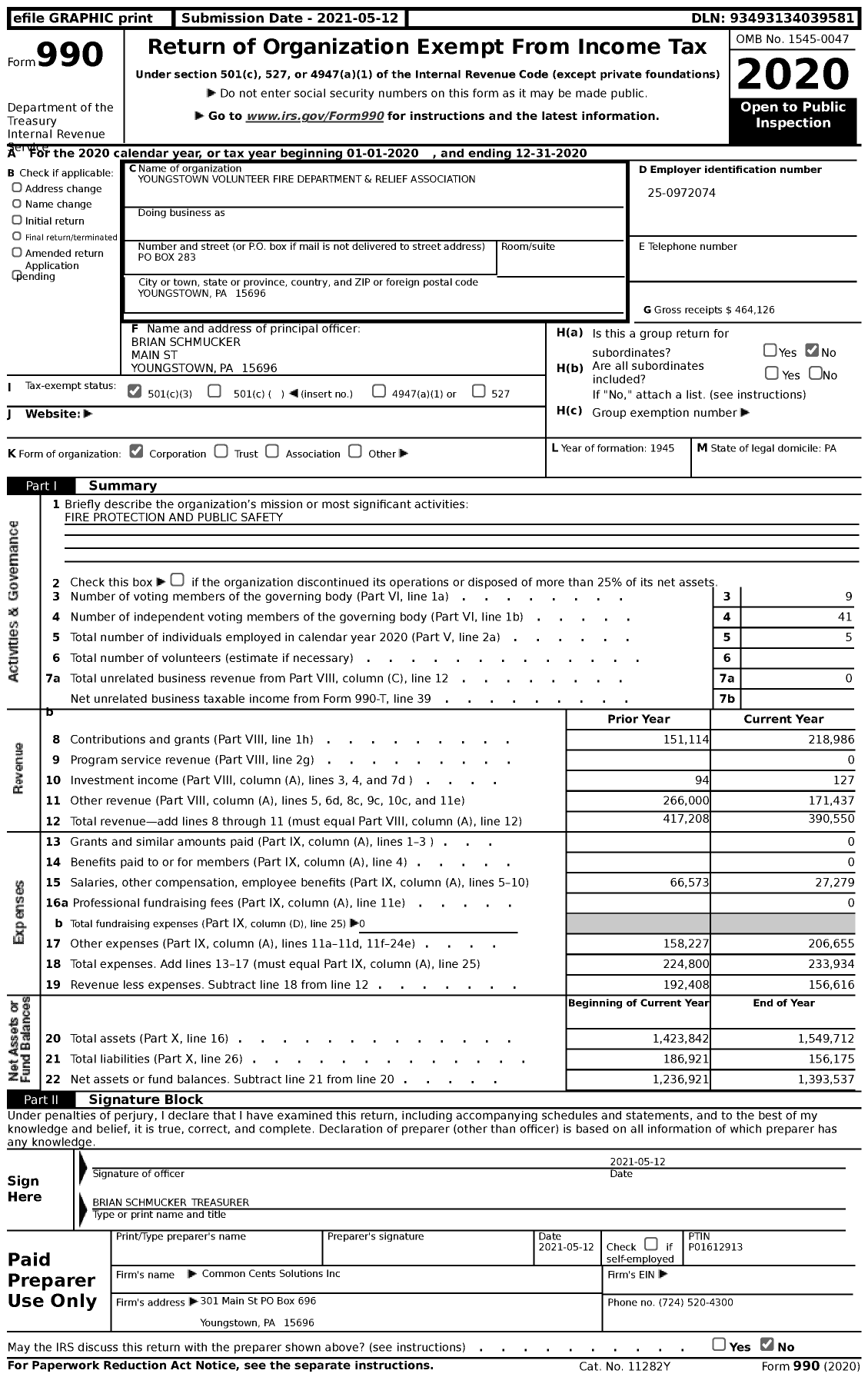 Image of first page of 2020 Form 990 for Youngstown Volunteer Fire Department and Relief Association