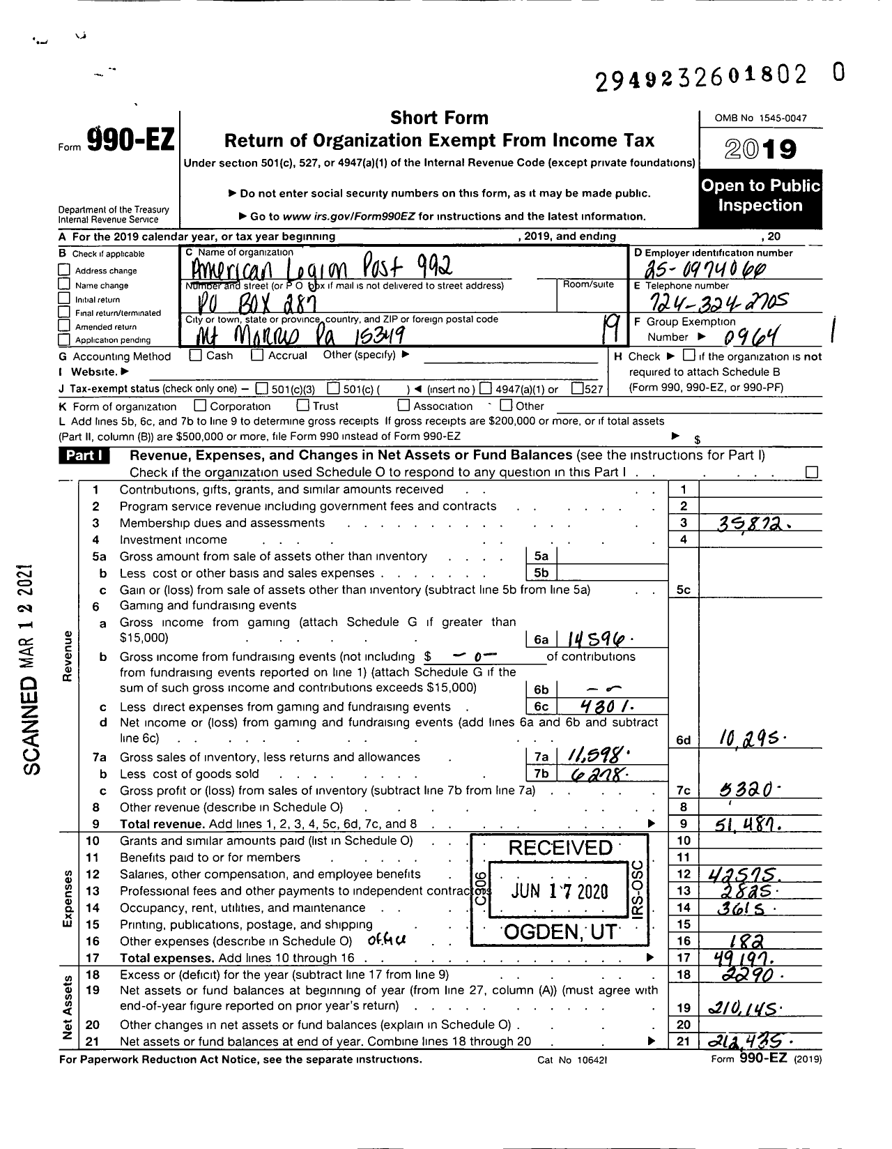 Image of first page of 2019 Form 990EO for American Legion - 992 Post MT Morris