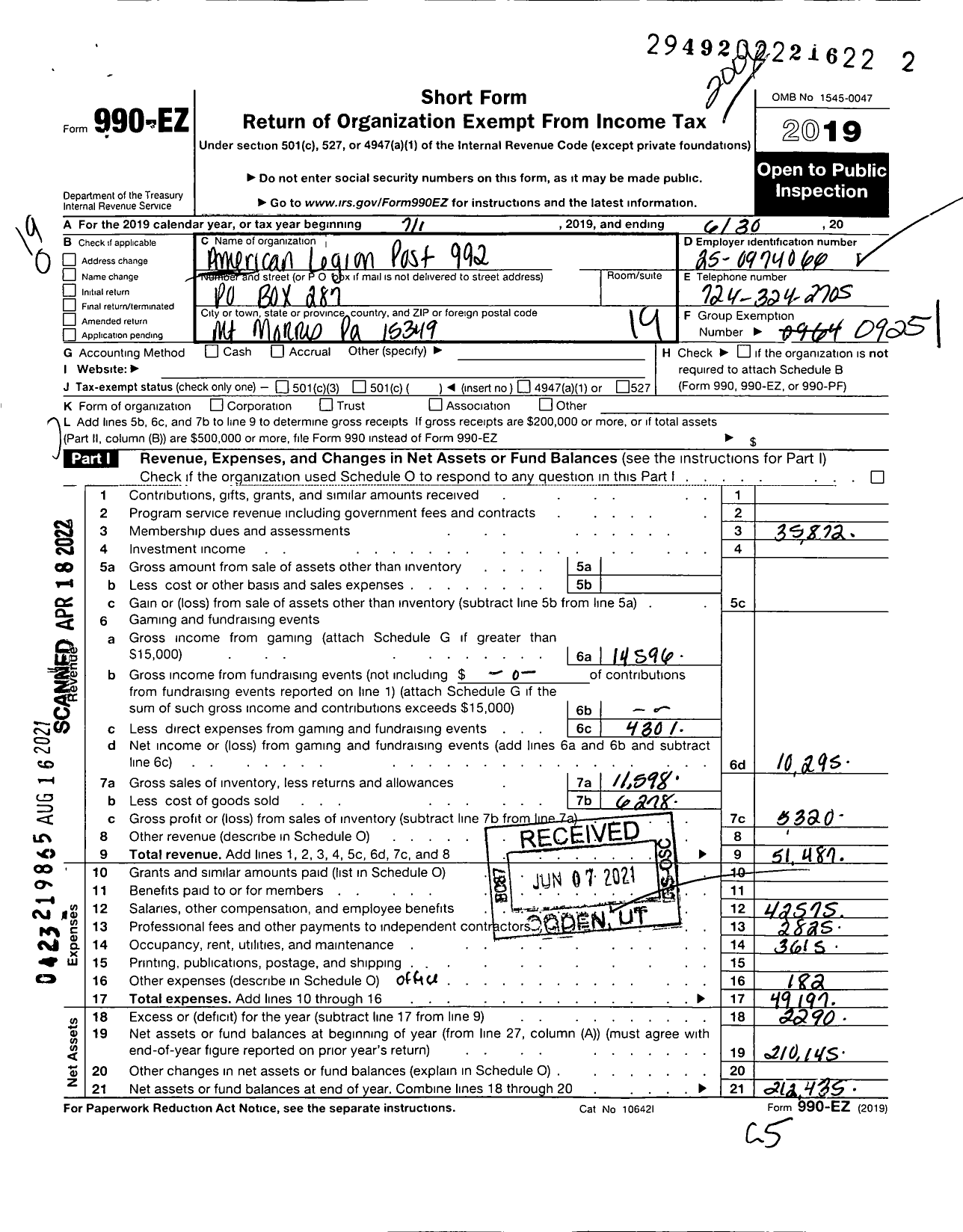 Image of first page of 2019 Form 990EO for American Legion - 992 Post MT Morris